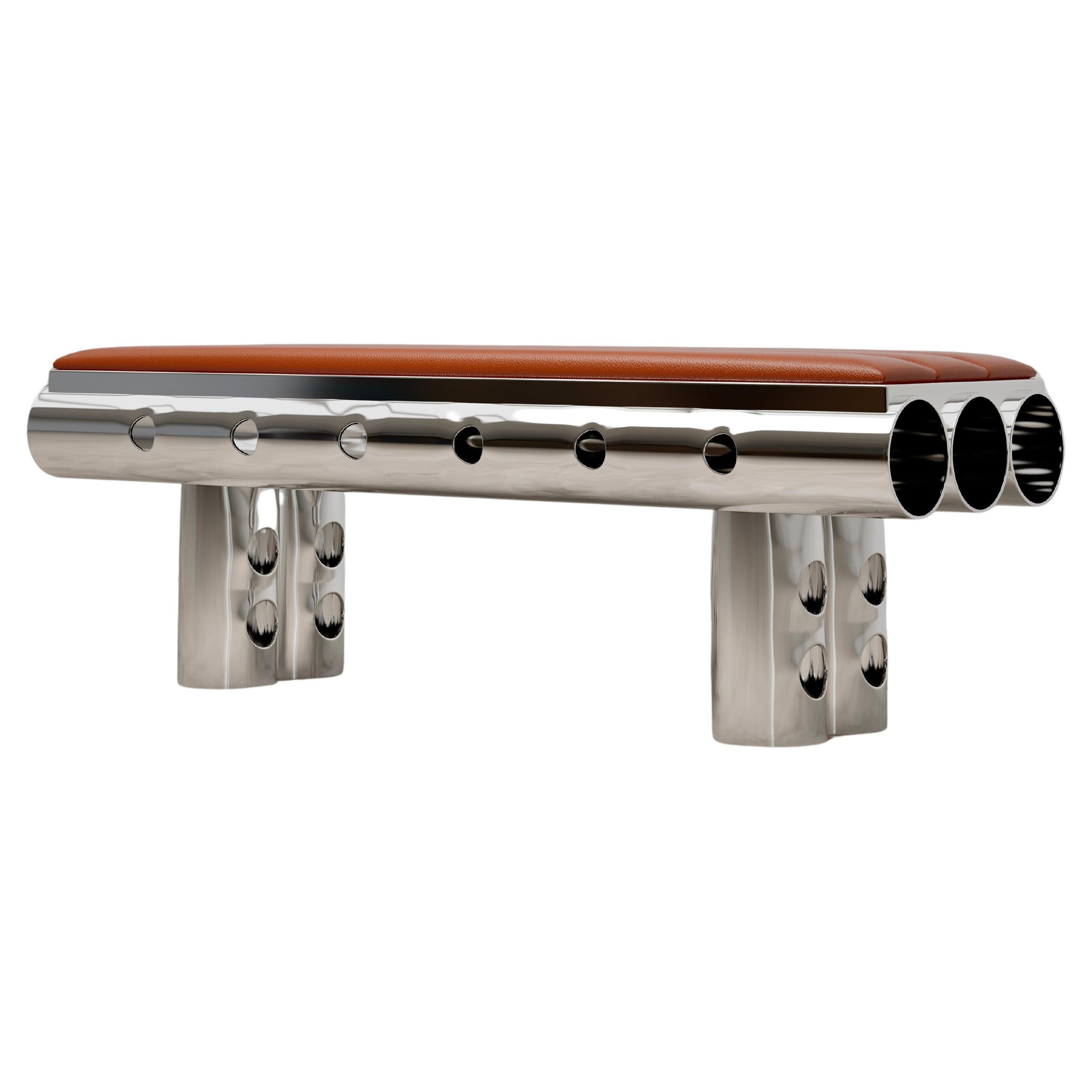 Stainless Steel Bench With Cognac Leather For Sale