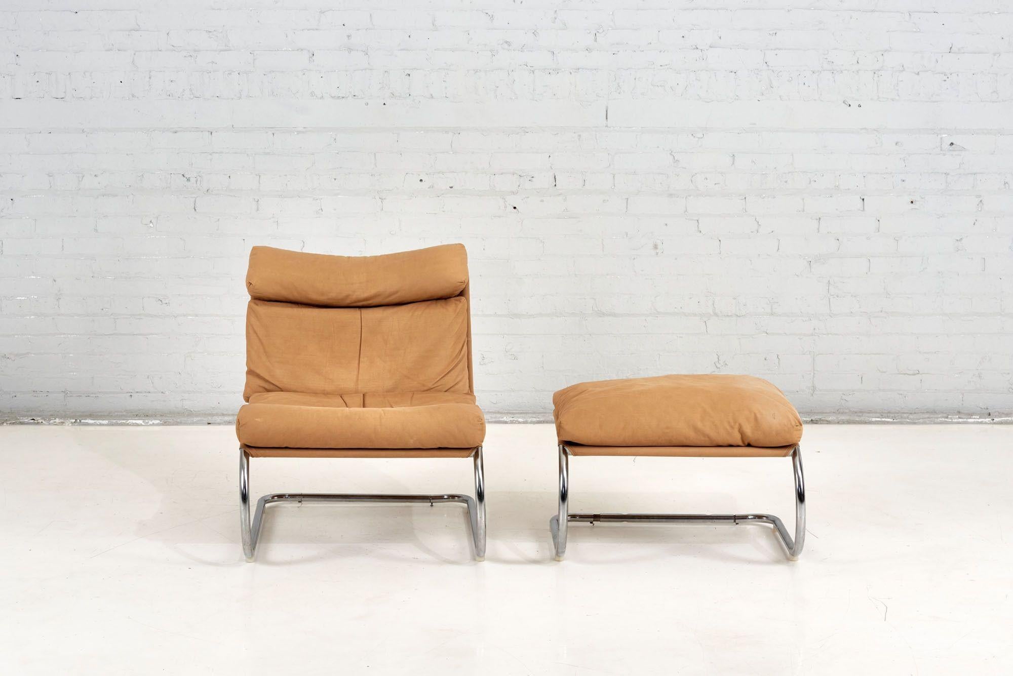 Stainless steel and canvas Cantilever MR lounge chair & ottoman after Mies van der Rohe, 1960. Original.