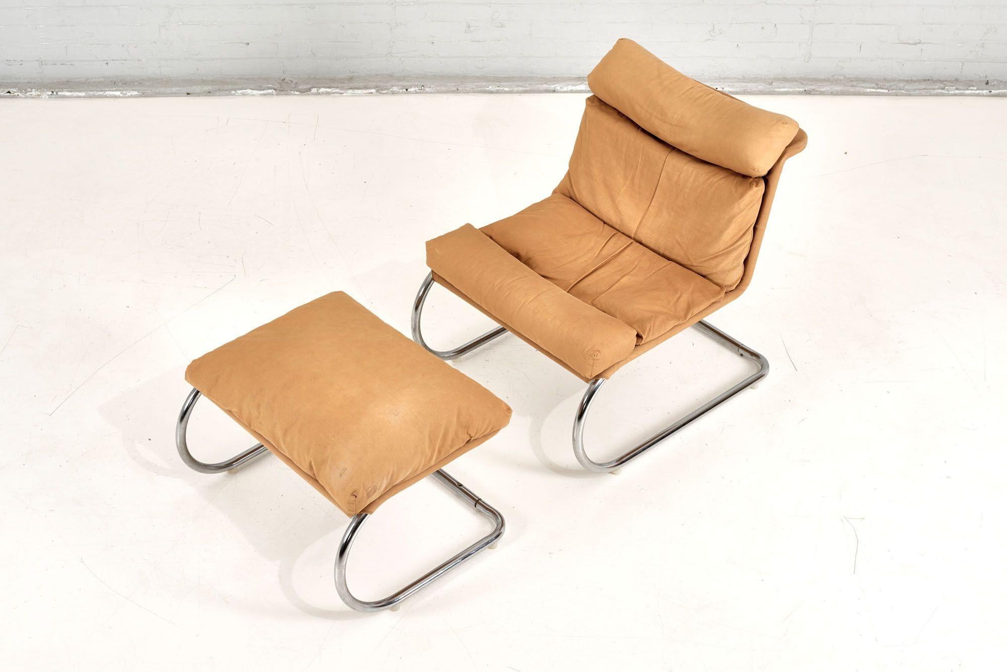 Mid-Century Modern Stainless Steel & Canvas Cantilever MR Lounge Chair & Ottoman, 1960 For Sale