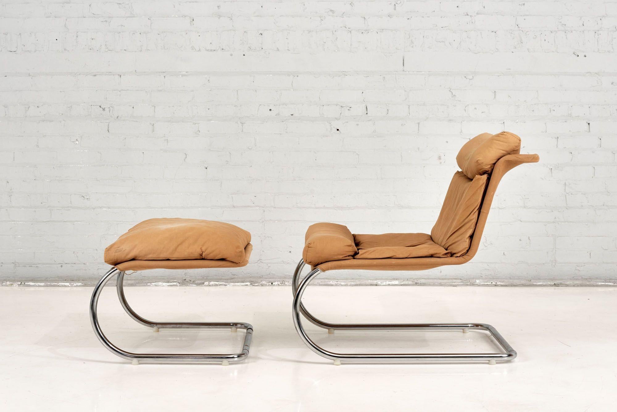 American Stainless Steel & Canvas Cantilever MR Lounge Chair & Ottoman, 1960 For Sale