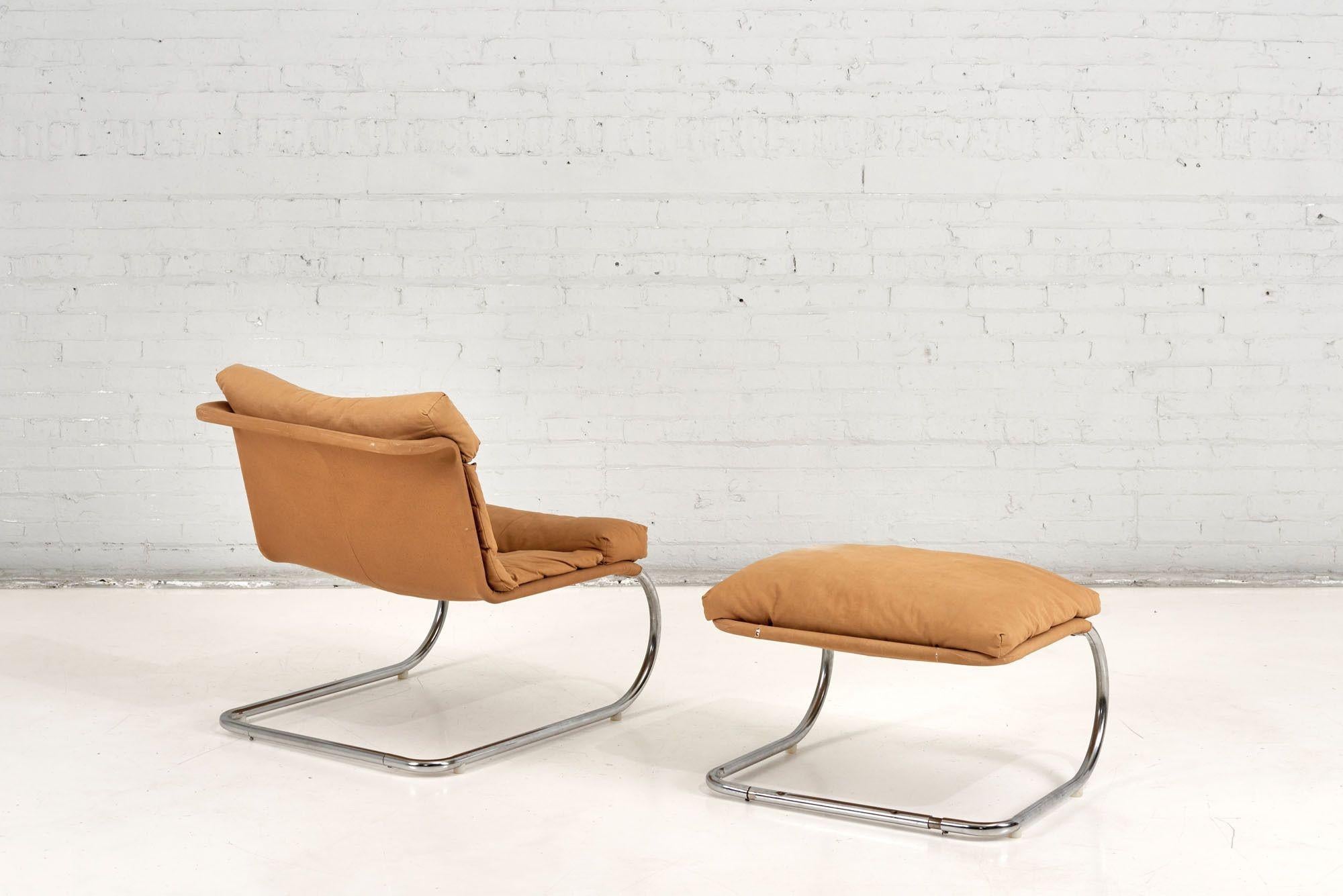 Stainless Steel & Canvas Cantilever MR Lounge Chair & Ottoman, 1960 In Good Condition For Sale In Chicago, IL