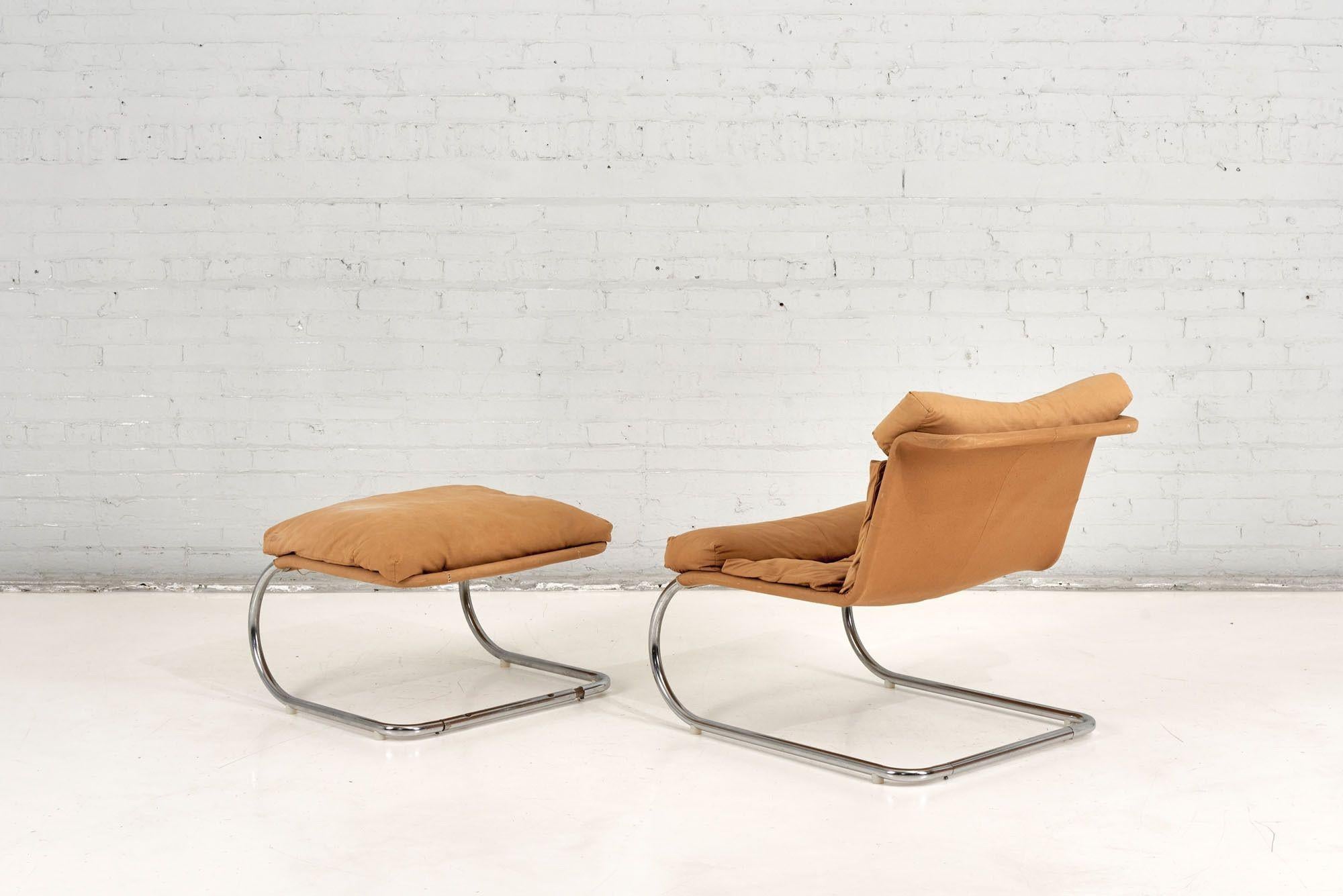 Mid-20th Century Stainless Steel & Canvas Cantilever MR Lounge Chair & Ottoman, 1960 For Sale