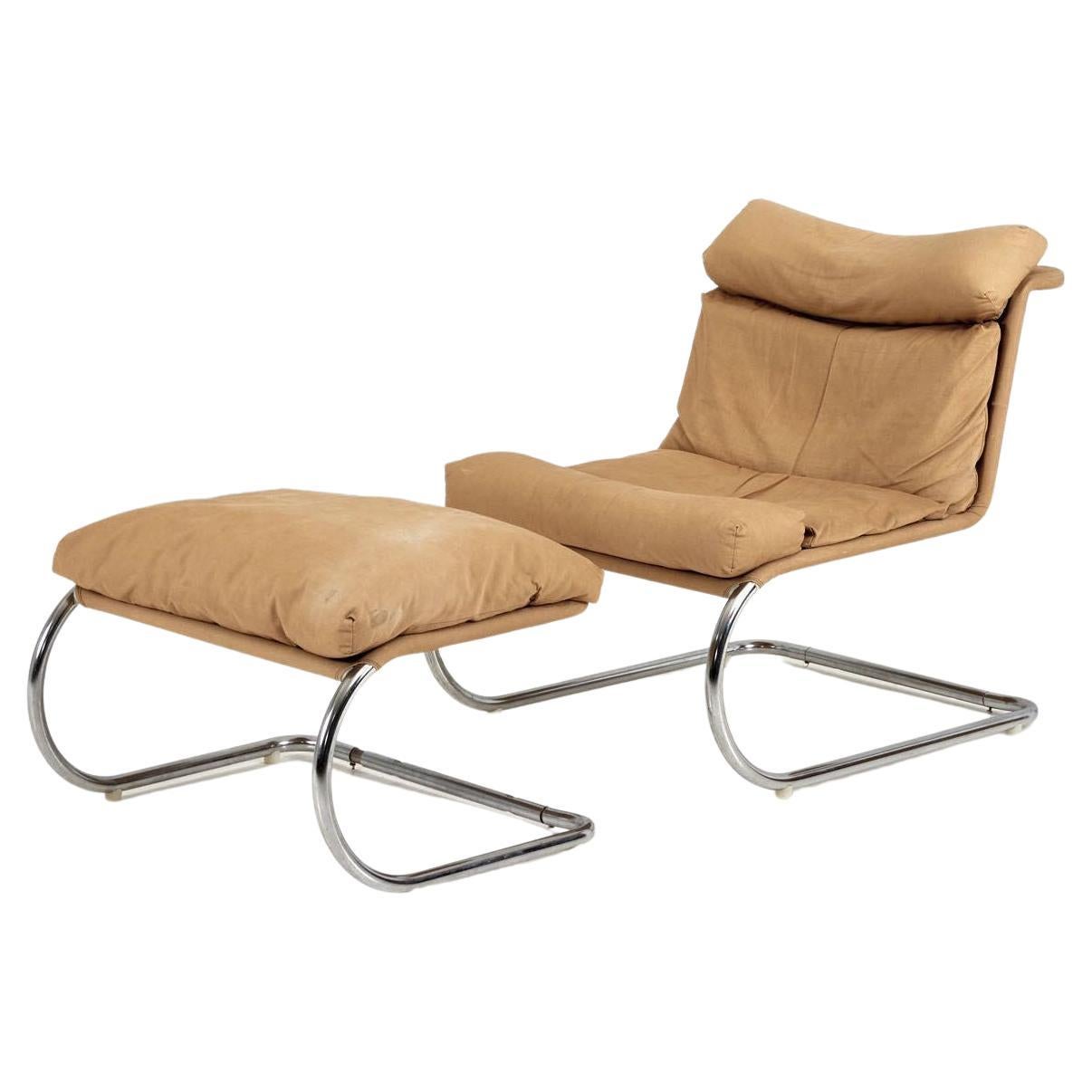 Stainless Steel & Canvas Cantilever MR Lounge Chair & Ottoman, 1960 For Sale