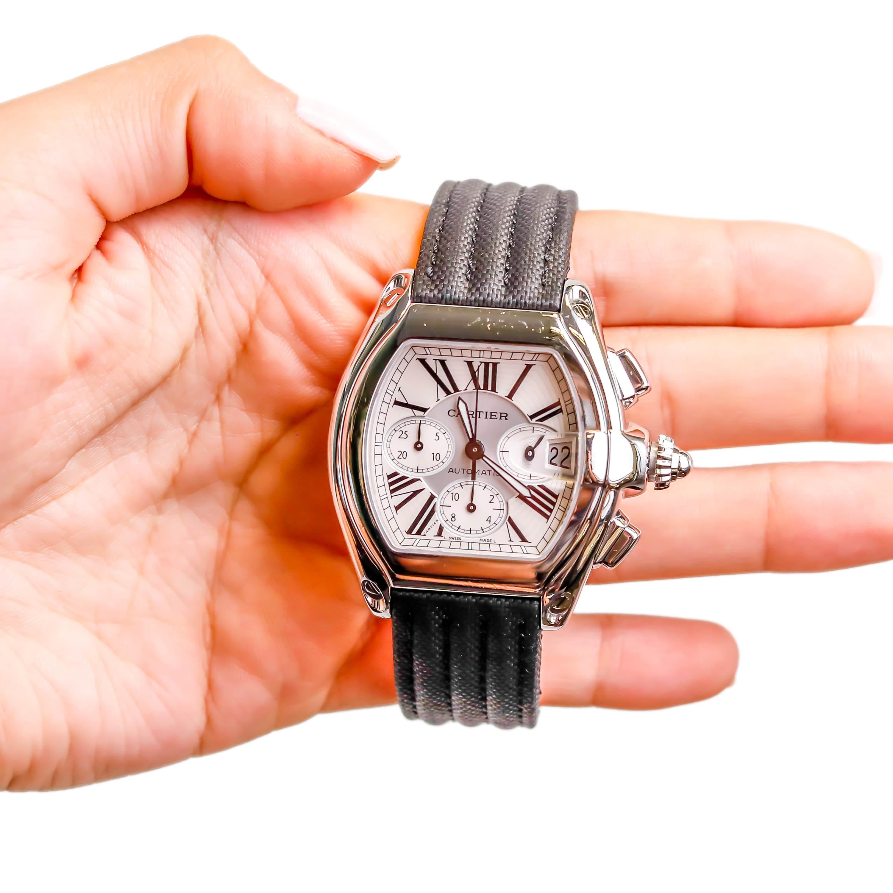 Montre-bracelet chronographe automatique Cartier Roadster XXL en acier inoxydable pour hommes Excellent état - En vente à New York, NY