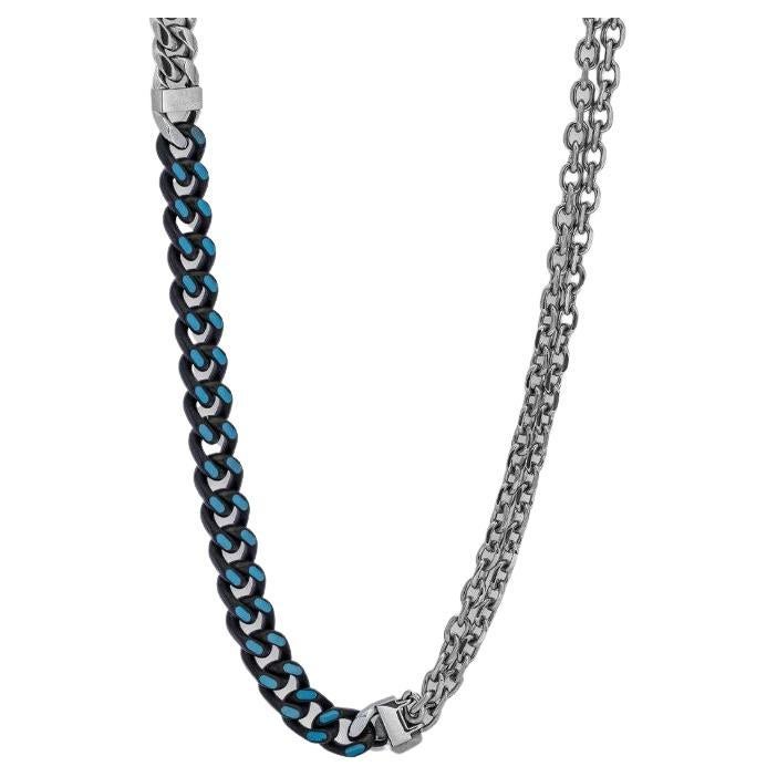 Stainless Steel Catena Multi Necklace with Blue Enamel For Sale