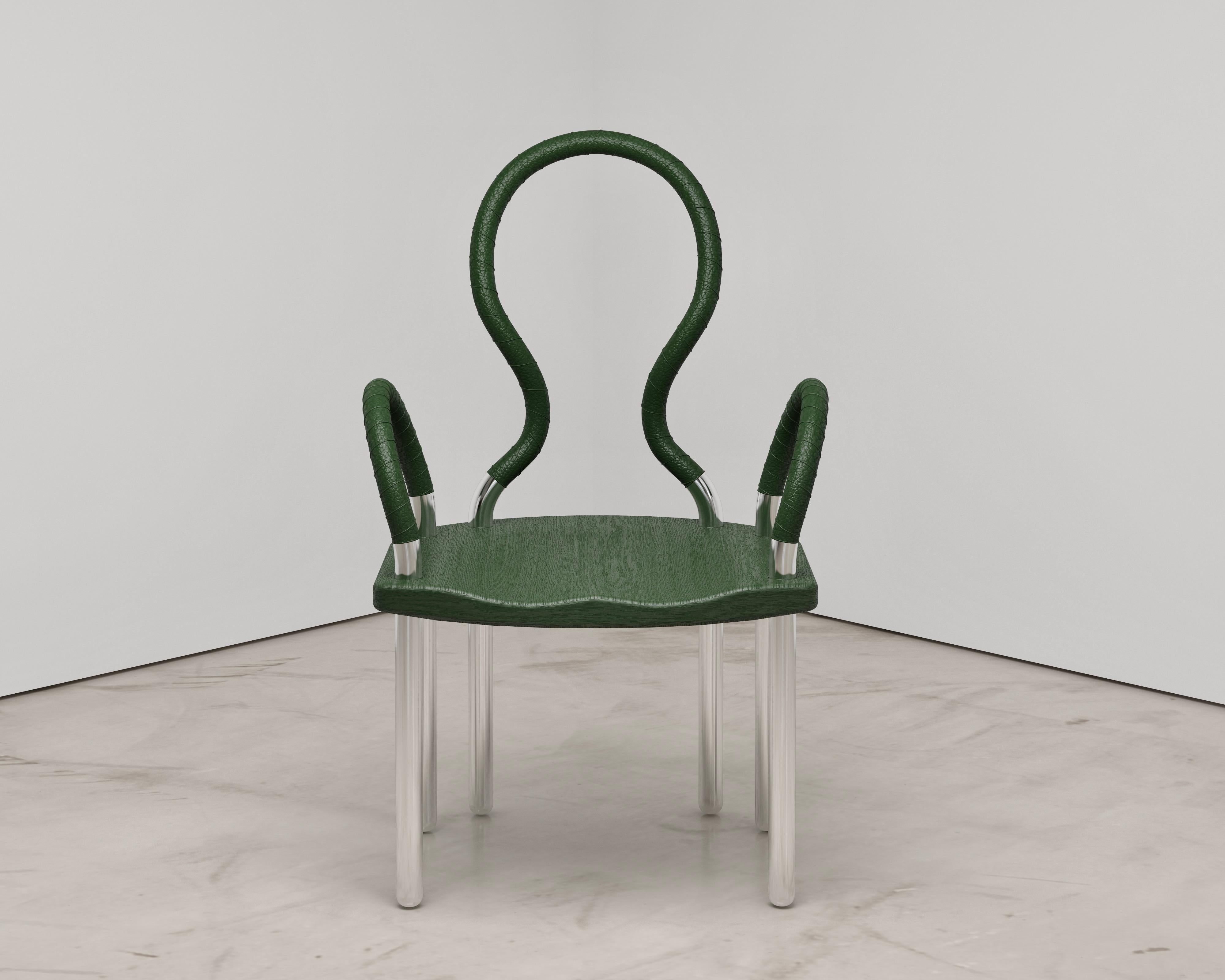 Art Deco Stainless Steel Chair with Green Leather For Sale