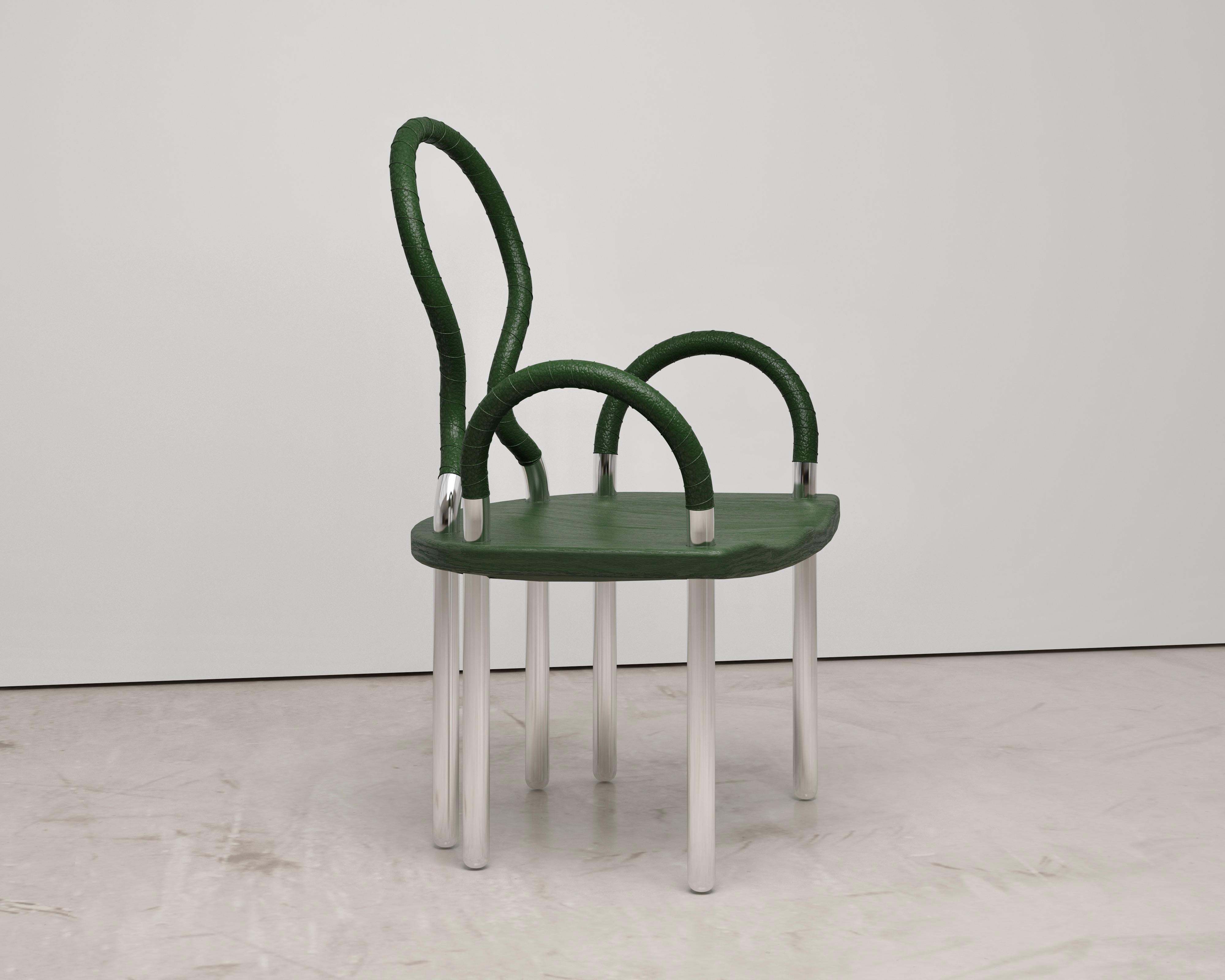Canadian Stainless Steel Chair with Green Leather For Sale