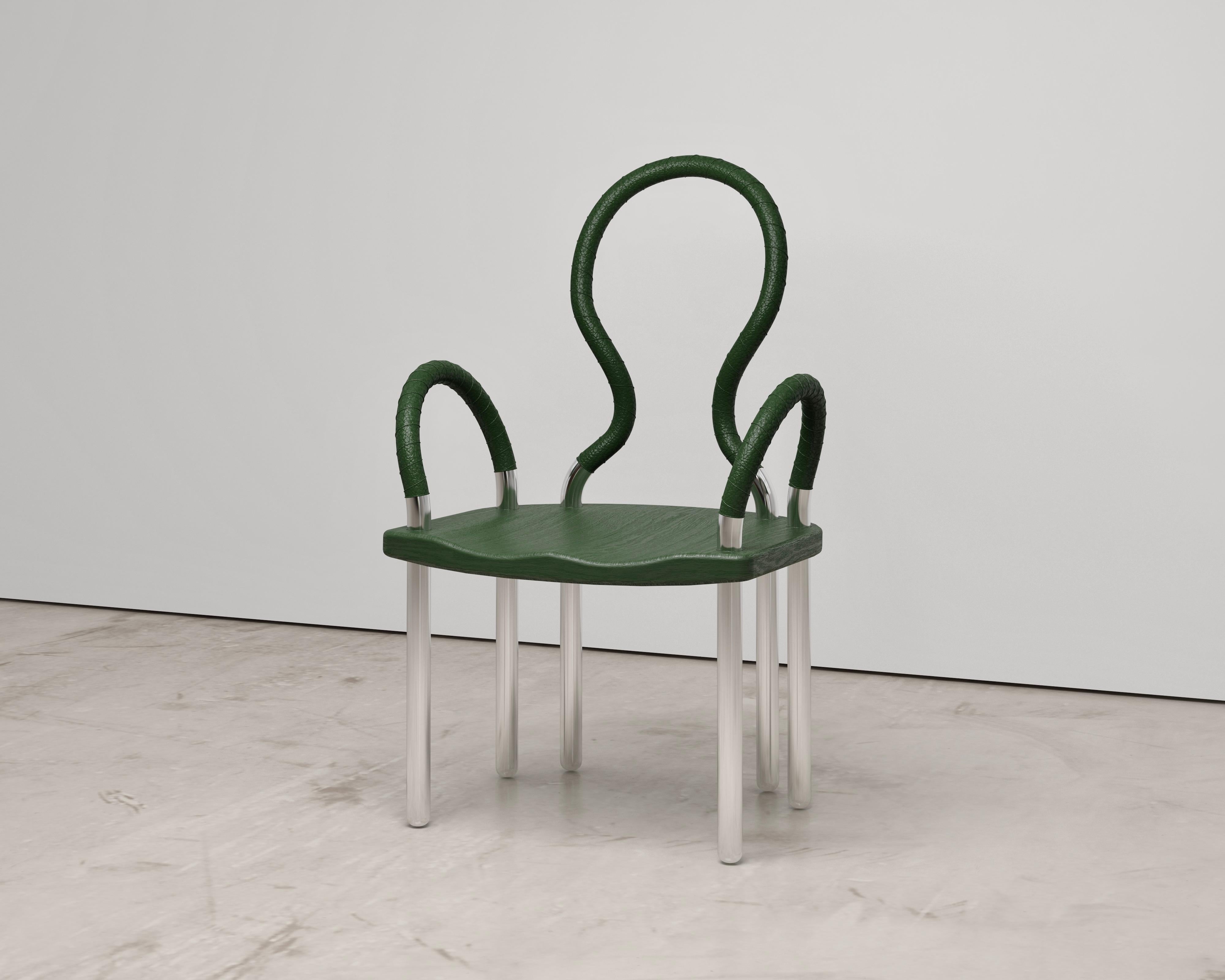 Polished Stainless Steel Chair with Green Leather For Sale