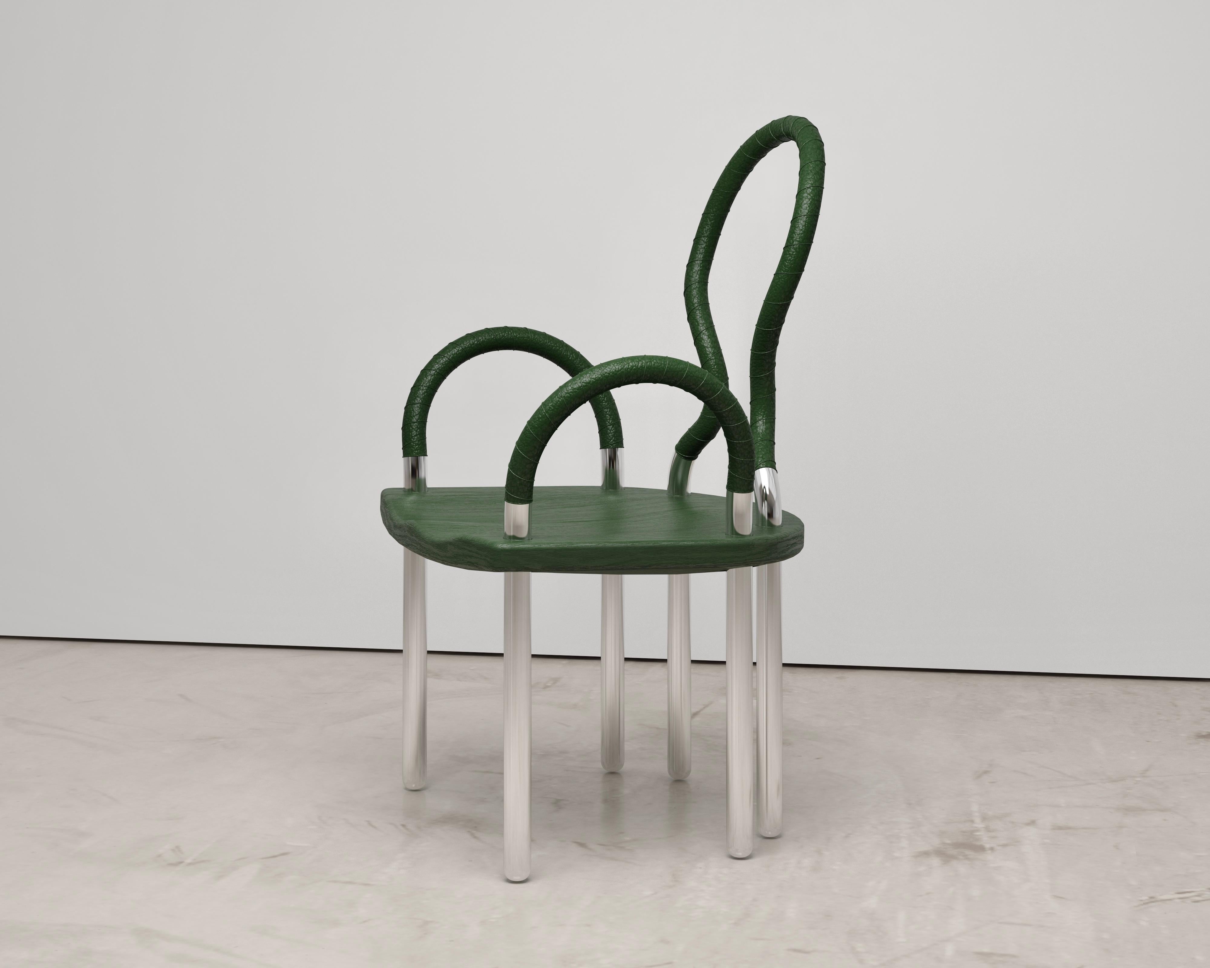 Stainless Steel Chair with Green Leather In New Condition For Sale In Toronto, Ontario