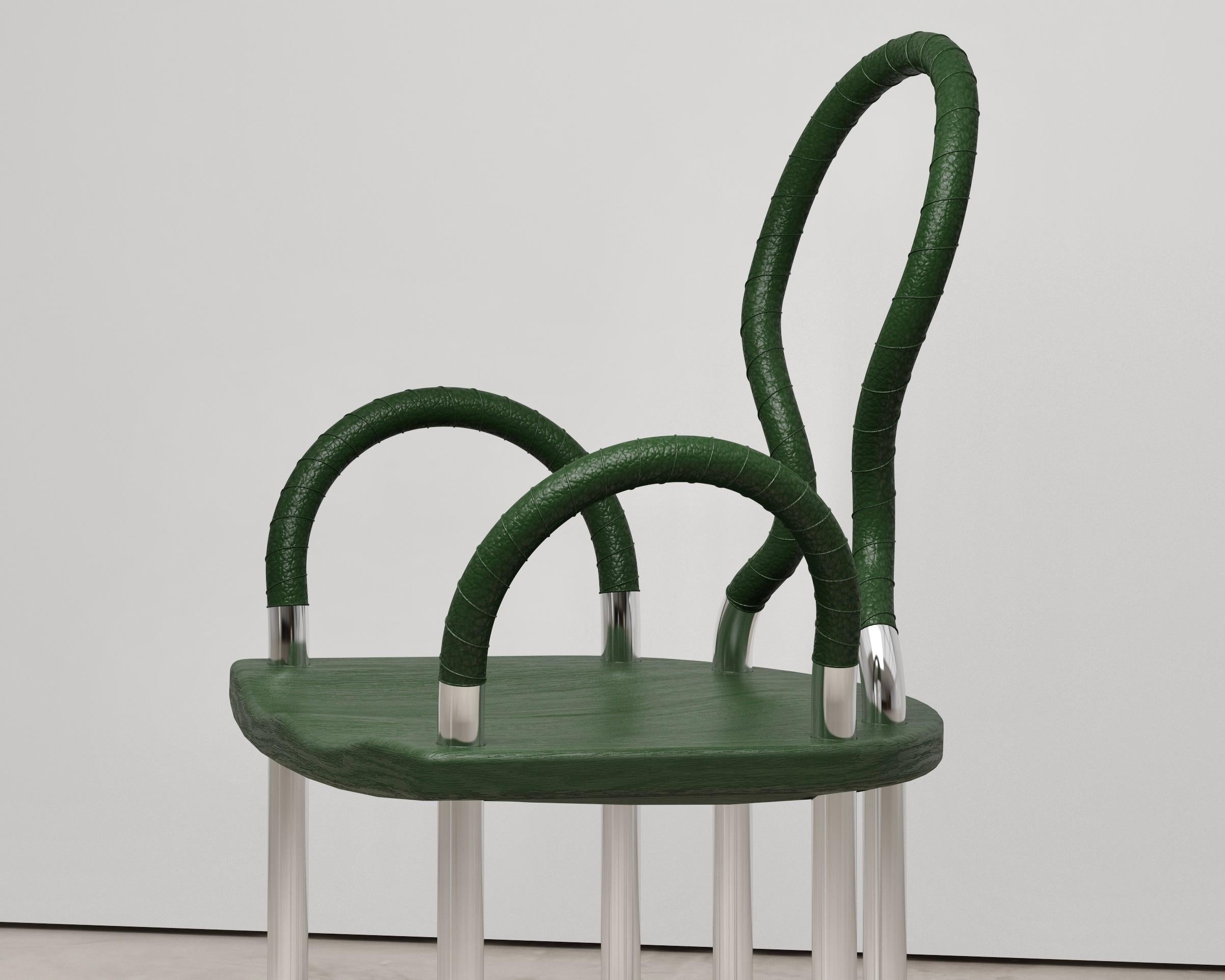 Contemporary Stainless Steel Chair with Green Leather For Sale