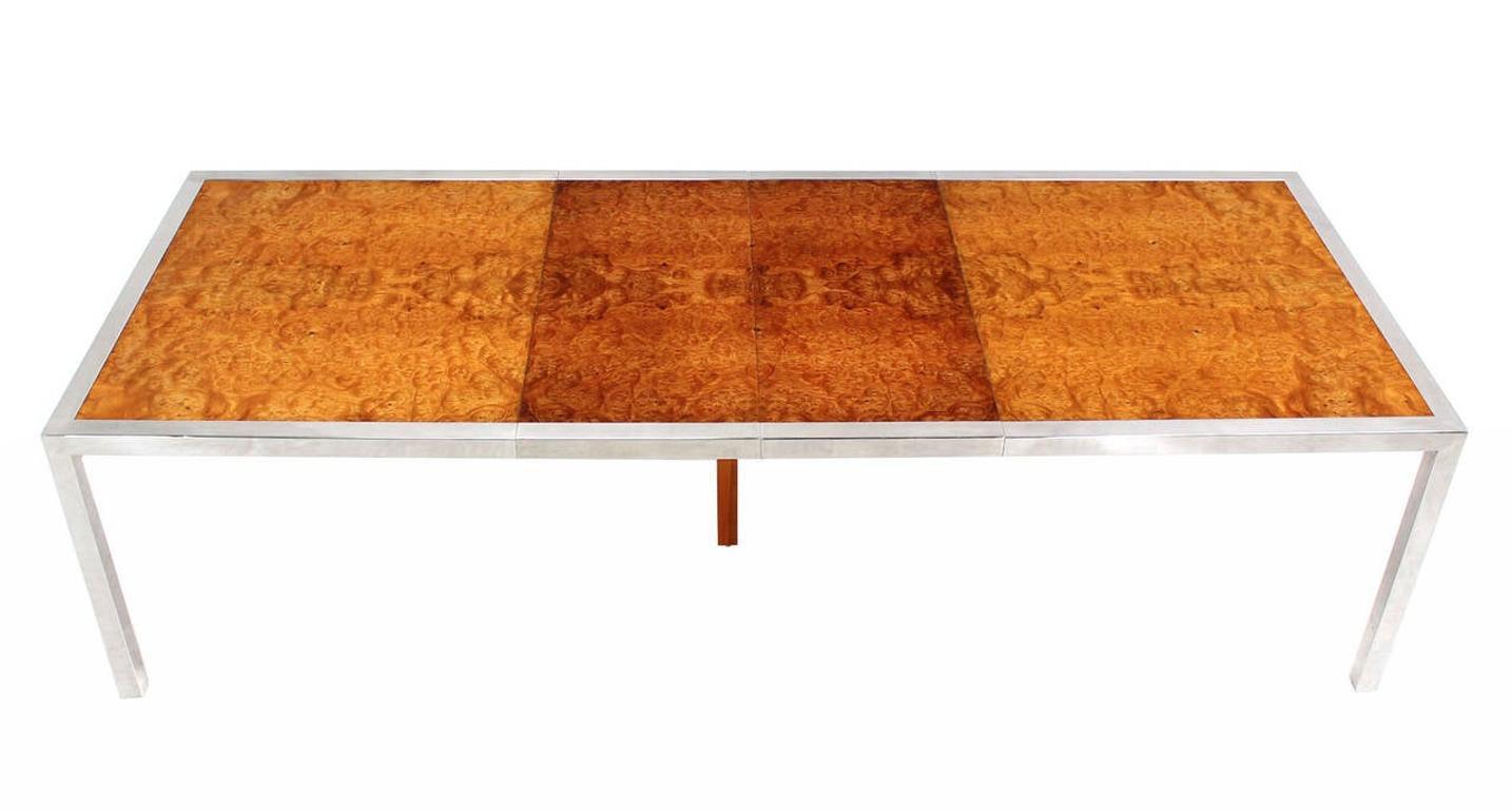Stainless Steel Chrome Base Amber Burl Wood Dining Conference Table Two Leaves
 The  two 18x42 leaves are slightly darker then the rest of the table.
 Full price includes refinishing job necessary to match the leaves to the rest of the table.