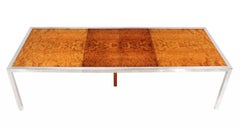 Stainless Steel Chrome Base Amber Burl Wood Dining Conference Table Two Leaves
