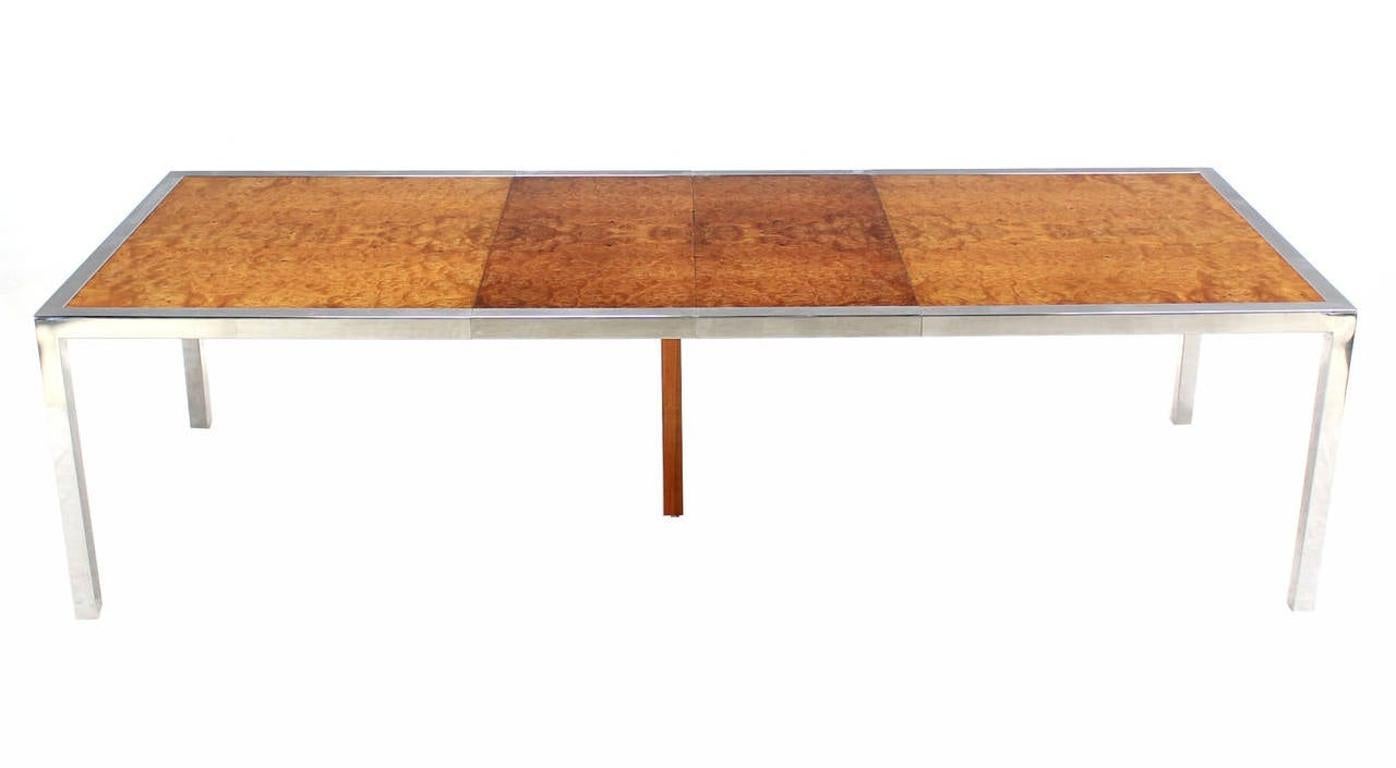 Mid-Century Modern Stainless Steel Chrome Base Amber Burl Wood Dining Conference Table Two Leaves For Sale