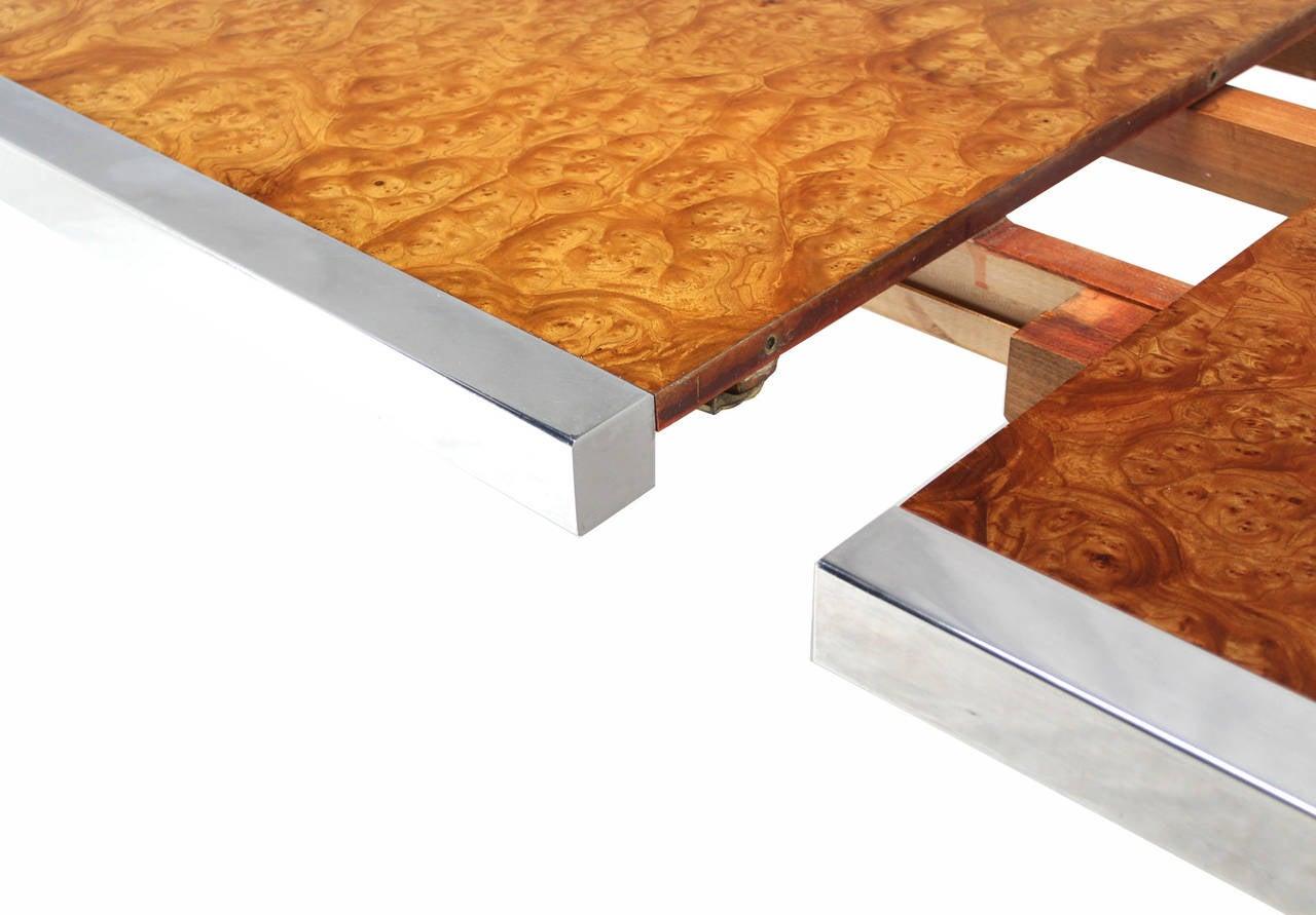 American Stainless Steel Chrome Base Amber Burl Wood Dining Conference Table Two Leaves For Sale
