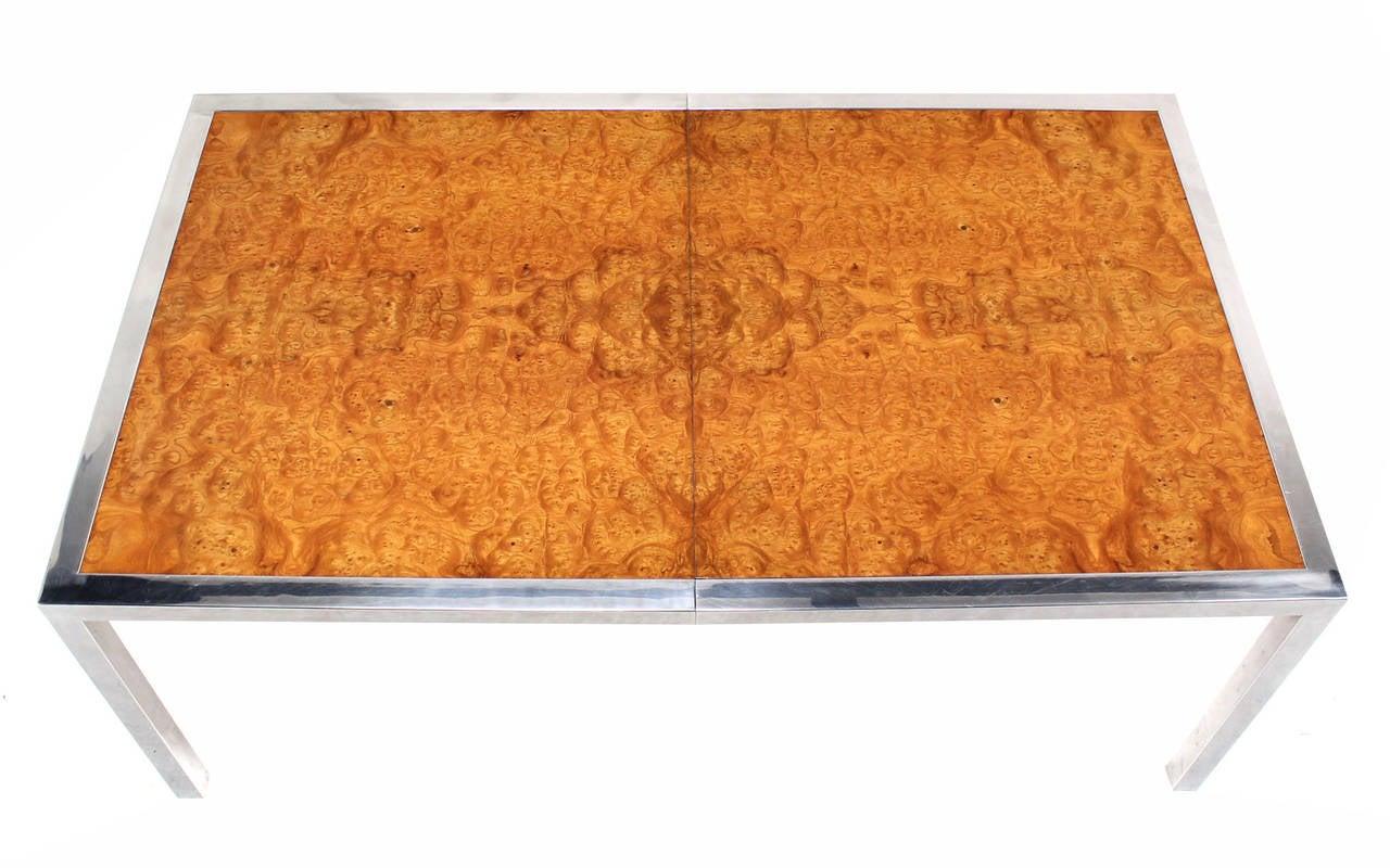 Stainless Steel Chrome Base Amber Burl Wood Dining Conference Table Two Leaves In Good Condition For Sale In Rockaway, NJ