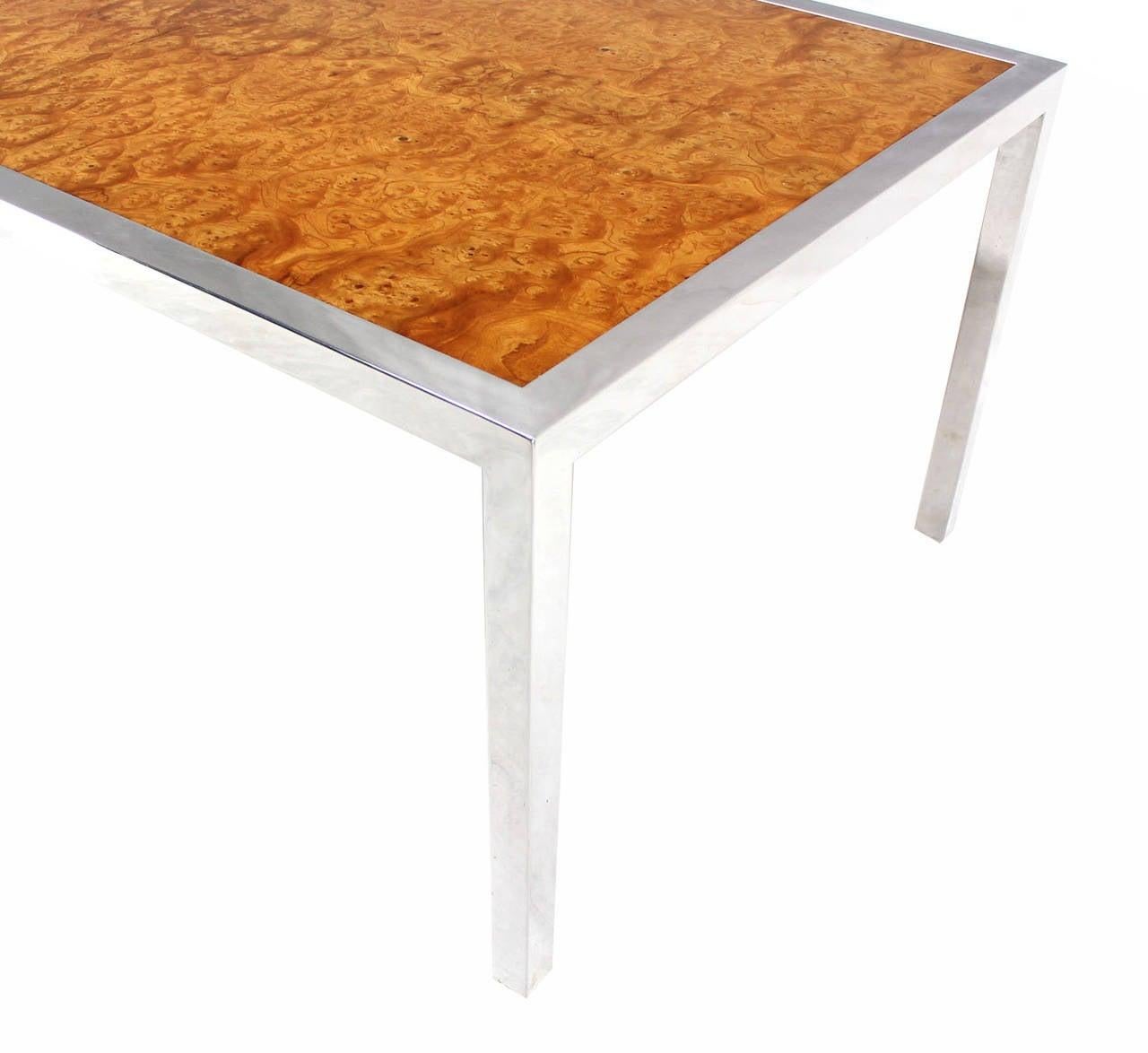 20th Century Stainless Steel Chrome Base Amber Burl Wood Dining Conference Table Two Leaves For Sale