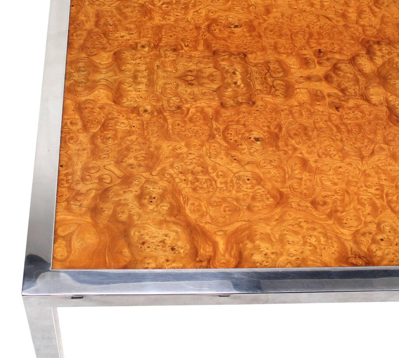 Stainless Steel Chrome Base Amber Burl Wood Dining Conference Table Two Leaves For Sale 2