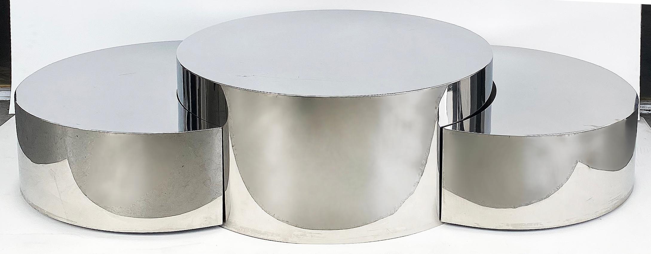 Modern Stainless Steel Circular and Semi-circular Tiered Coffee Tables, Set of 3