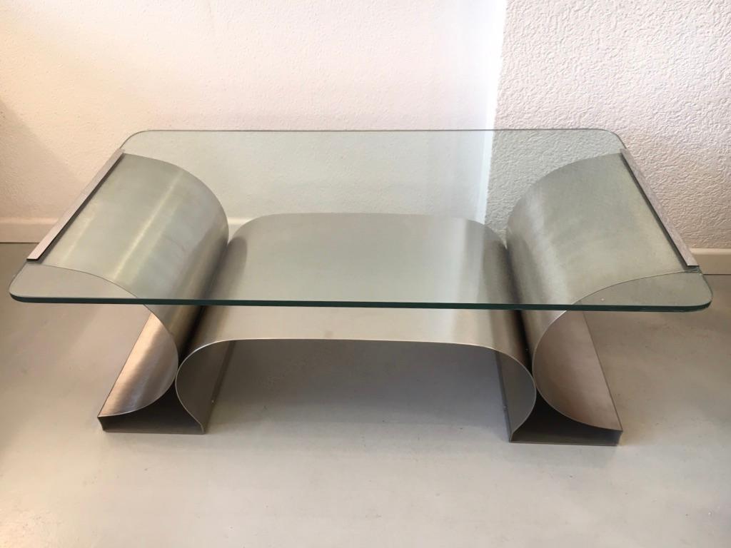 French Stainless Steel Coffee Table by François Monnet produced by Kappa, France 1970's For Sale