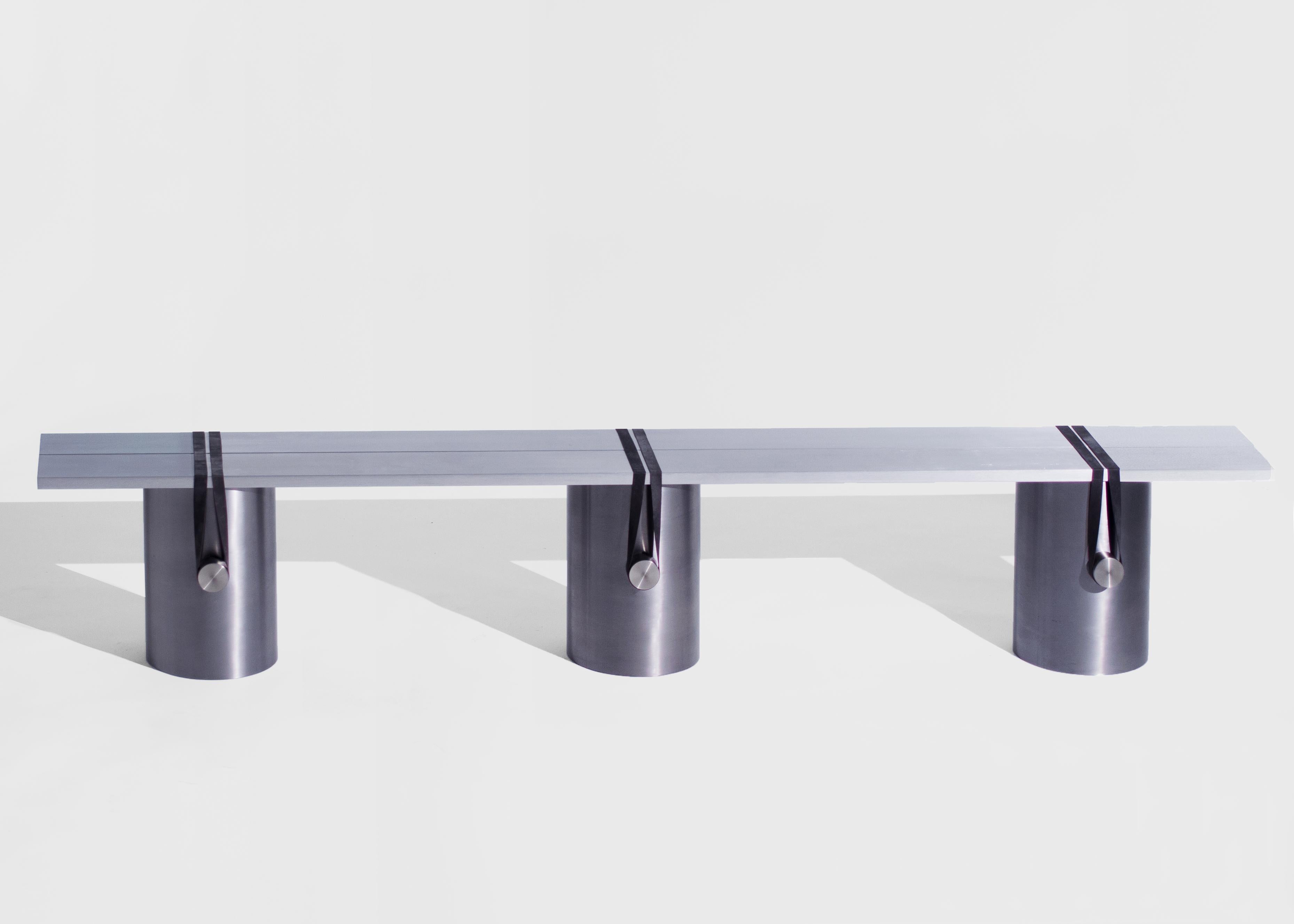 Stainless steel contemporary bench by Johan Viladrich
Bench
Aluminum, steel, stainless steel and rubber
Measures: L 200, W 24, H 38 cm
Apprx. 60kg
Limited edition of 8 + 2AP

Johan Viladrich is an internationally famous contemporary