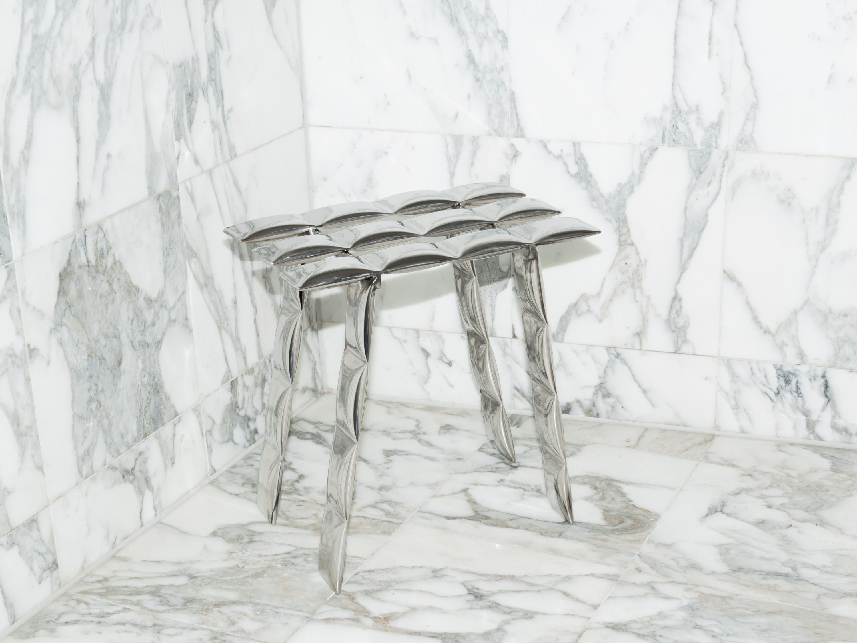 
Stainless Steel Cosmic Stool by  Mati Sipiora
Dimensions: D 35 x W 40 x H 40 cm
Materials: Stainless Steel. 
Finish: Polished Stainless Steel.
Weight: 5.5 Kg.
Max User Weight: 100 KG


Mati Sipiora – the creator's story and a new Polish design