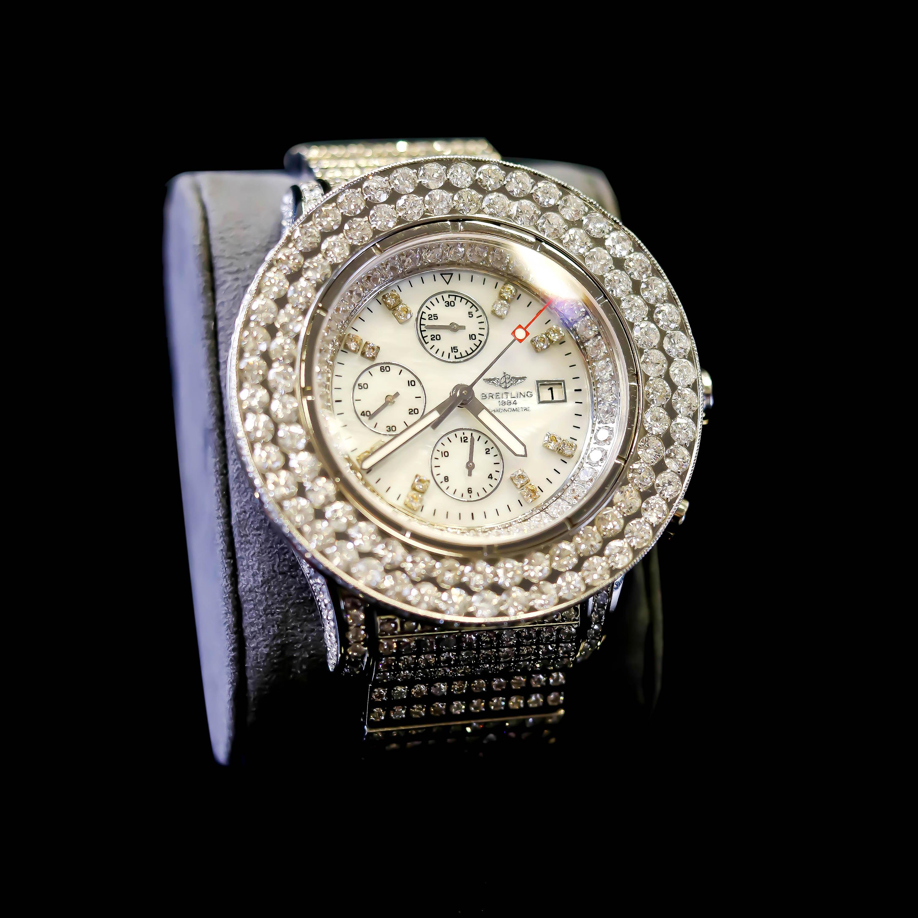 Stainless Steel Custom 33 Ct Diamond Breitling Chronometer Automatic Dial Watch For Sale 4