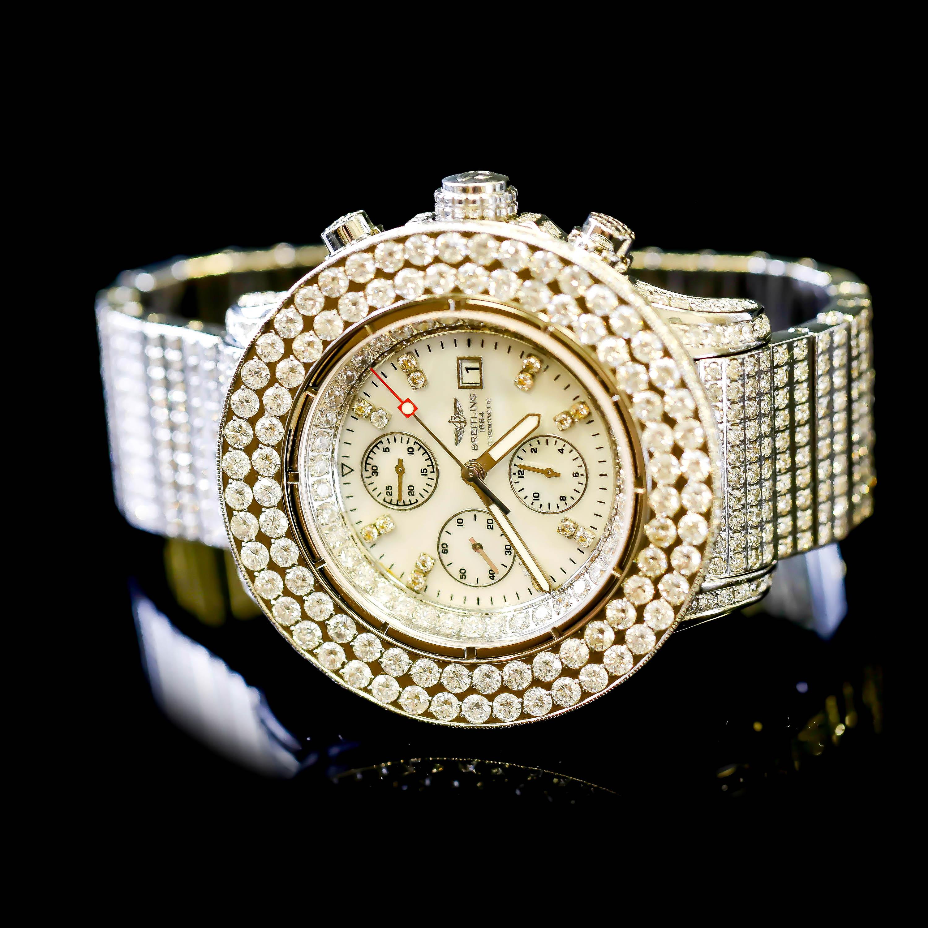Stainless Steel Custom 33 Ct Diamond Breitling Chronometer Automatic Dial Watch For Sale 5