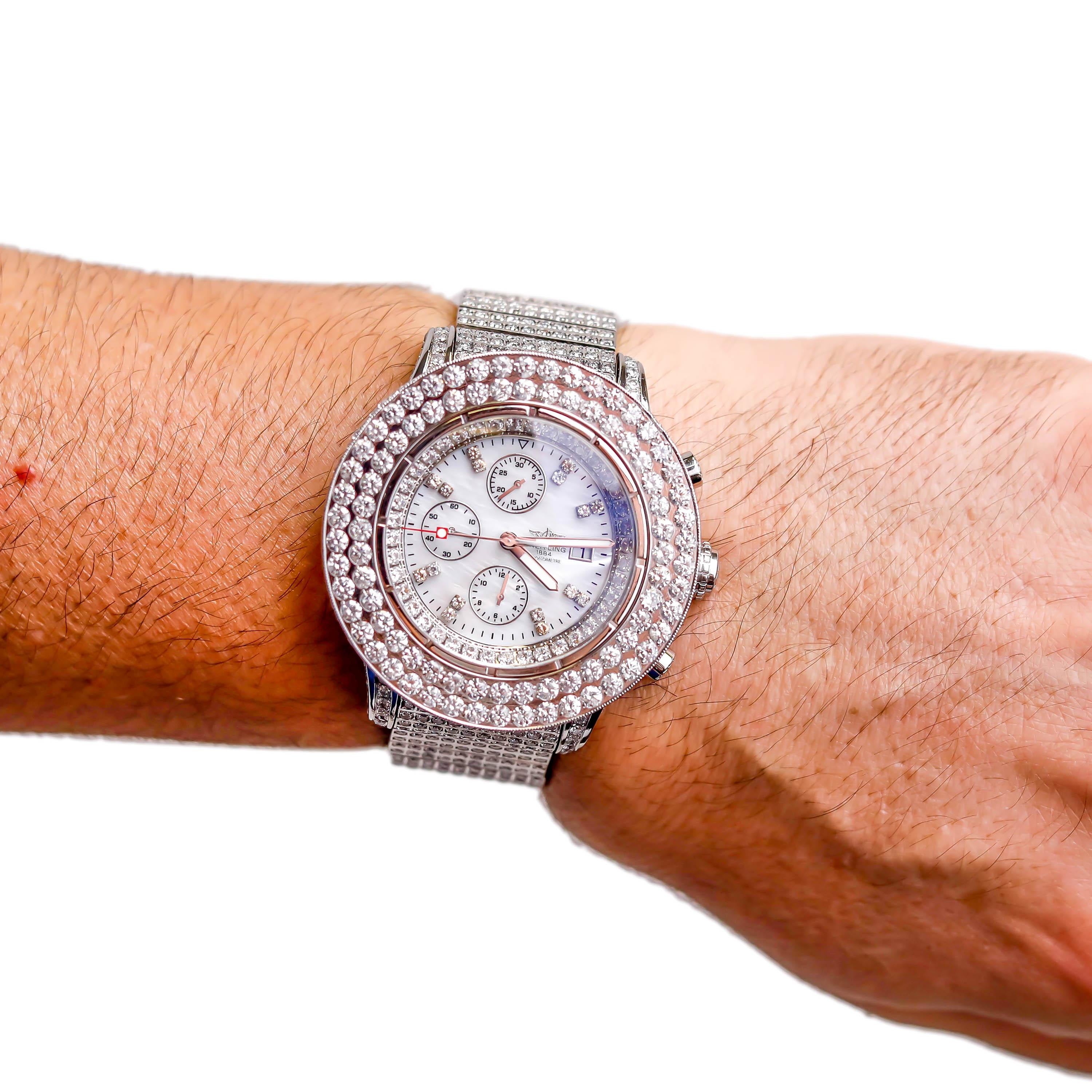 Round Cut Stainless Steel Custom 33 Ct Diamond Breitling Chronometer Automatic Dial Watch For Sale