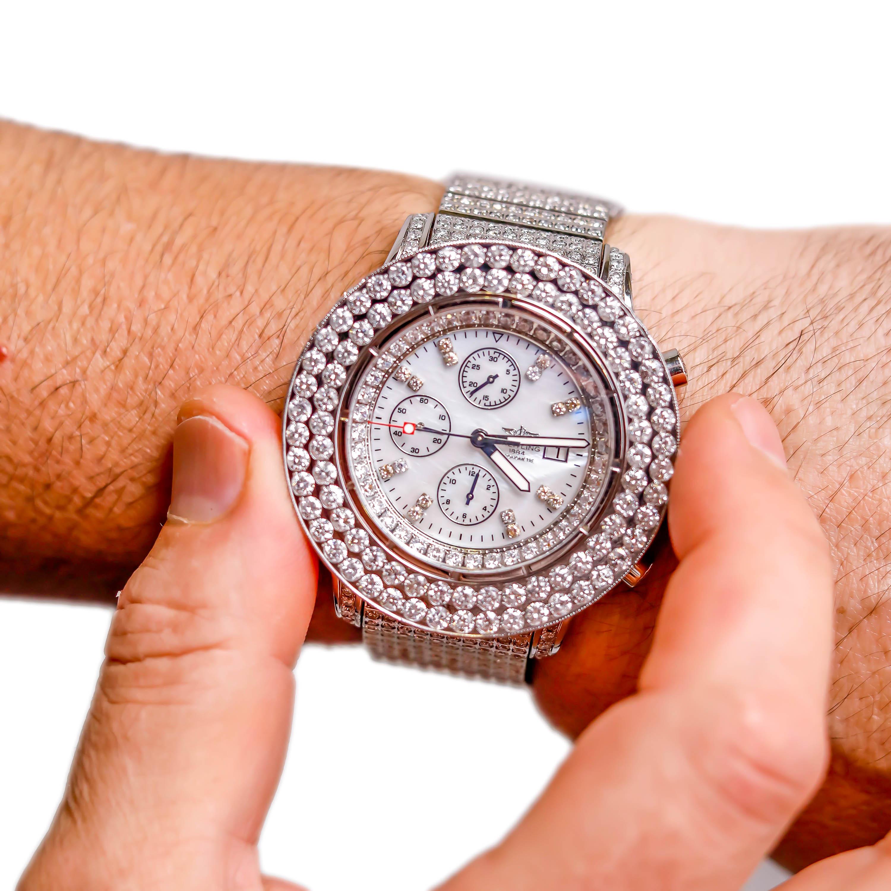 Men's Stainless Steel Custom 33 Ct Diamond Breitling Chronometer Automatic Dial Watch For Sale