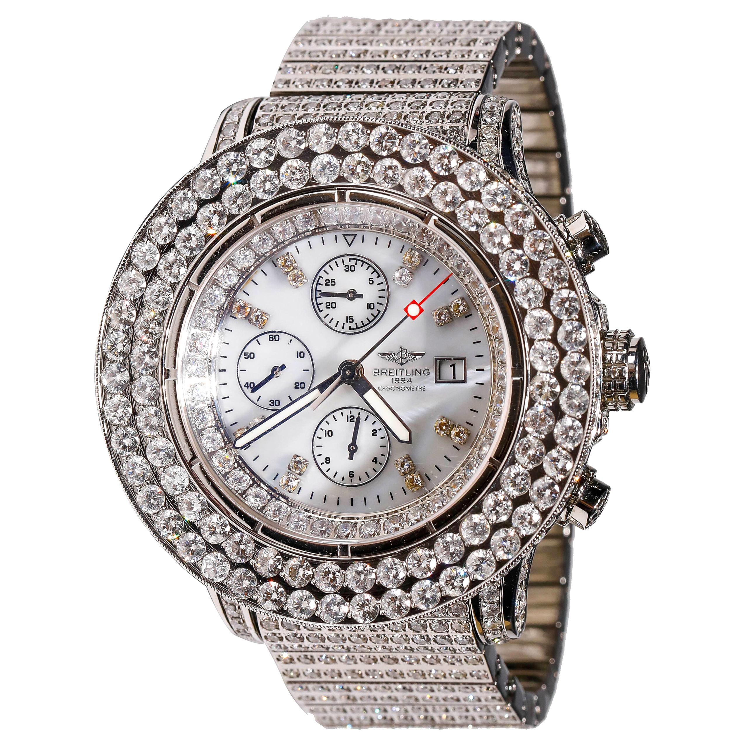 Stainless Steel Custom 33 Ct Diamond Breitling Chronometer Automatic Dial Watch