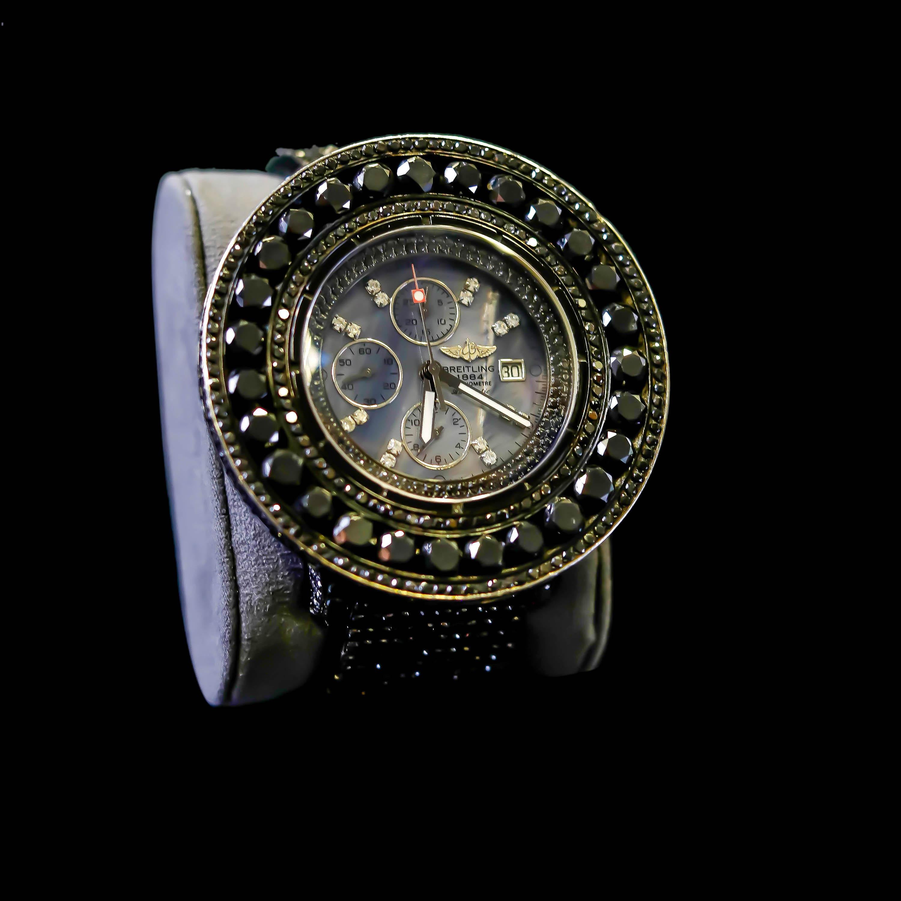 Stainless Steel Custom 90 Carat Black Diamond Dial Breitling Automatic Watch 2