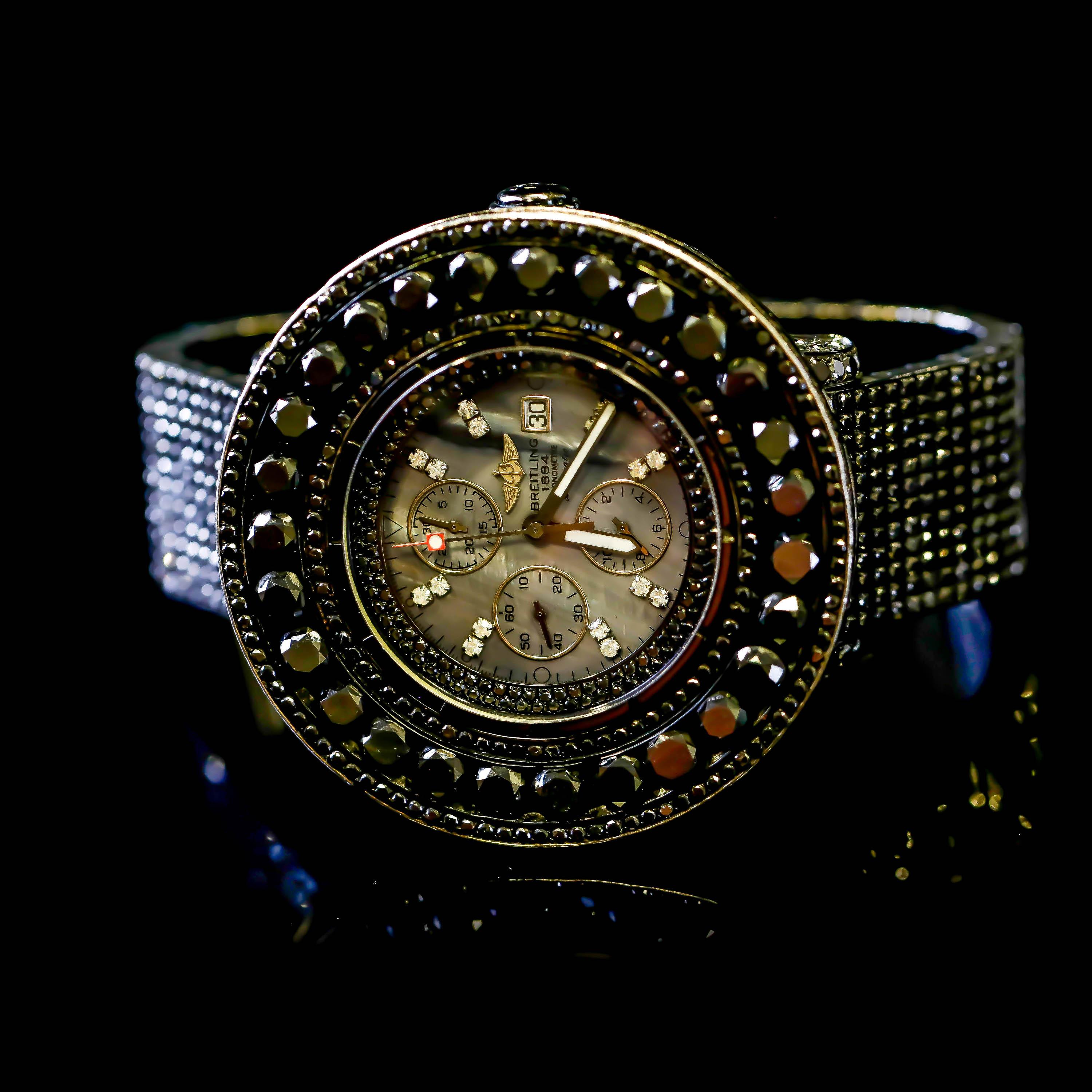 Stainless Steel Custom 90 Carat Black Diamond Dial Breitling Automatic Watch 3