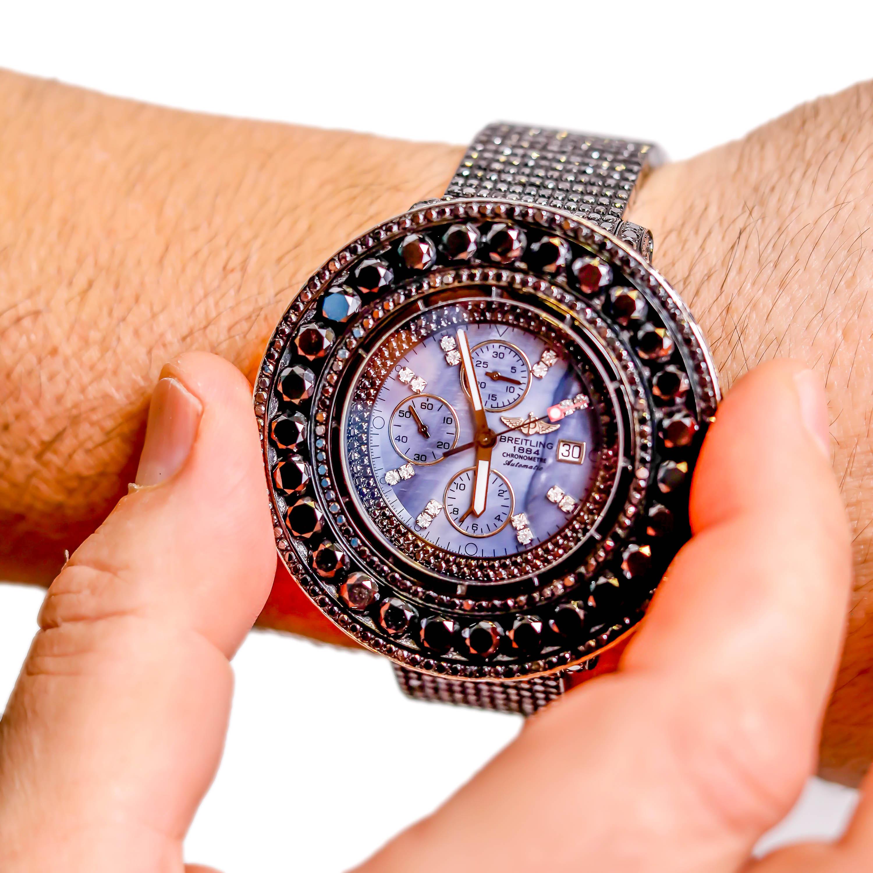 Women's or Men's Stainless Steel Custom 90 Carat Black Diamond Dial Breitling Automatic Watch