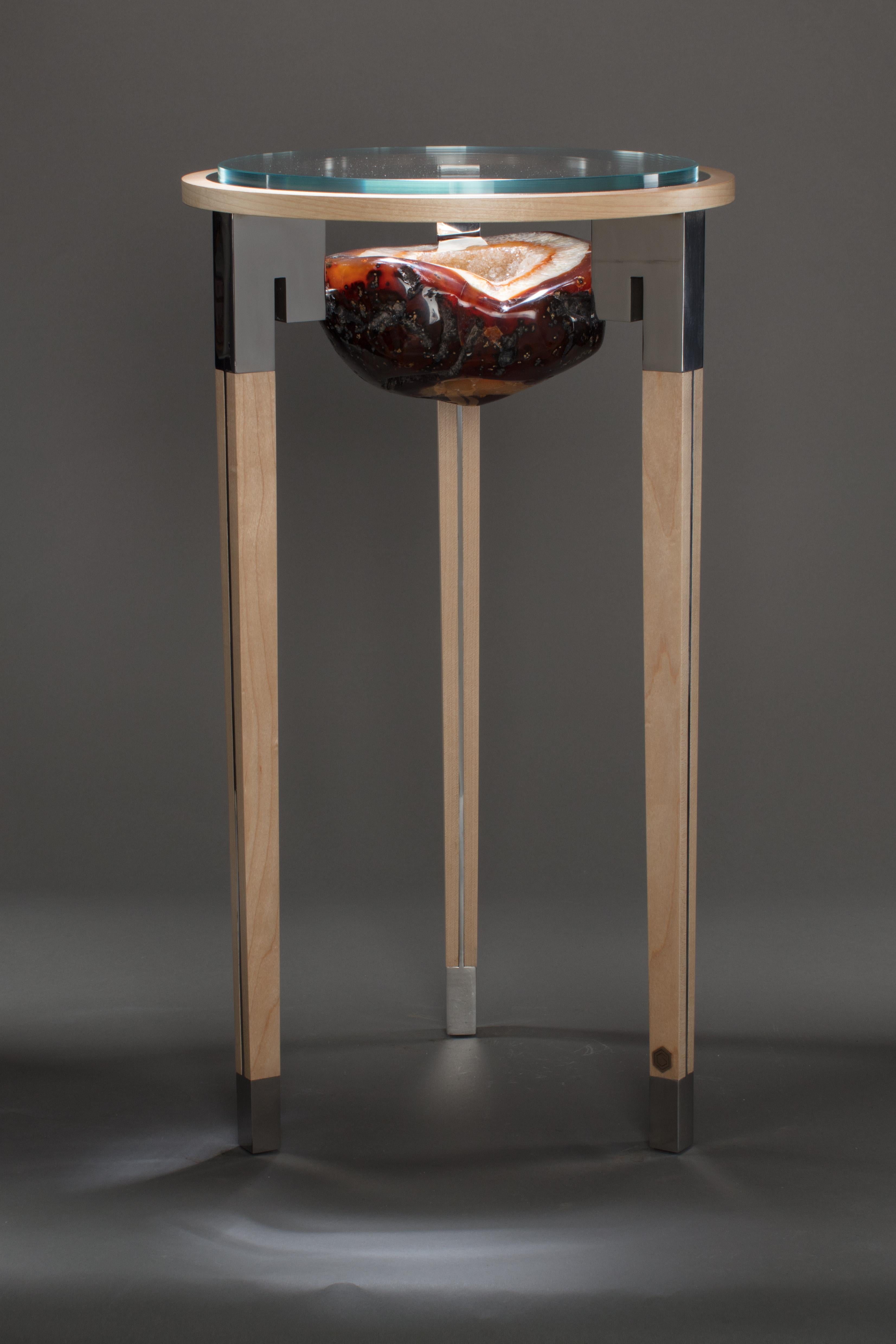 Modern Stainless Steel End Table with Agate and Glass Top