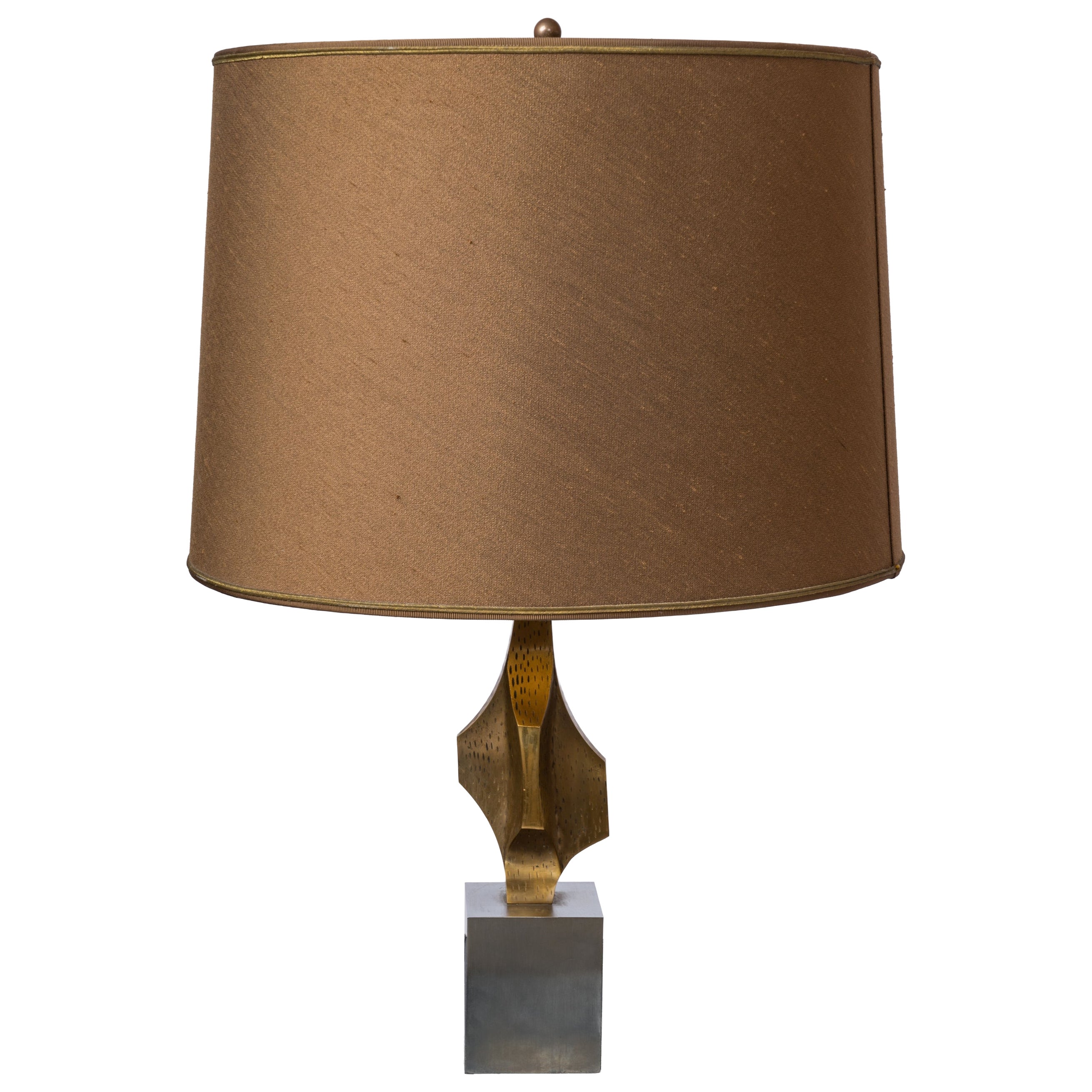 Stainless Steel & Engraved Bronze Lamp att. Maison Charles - France 1970's