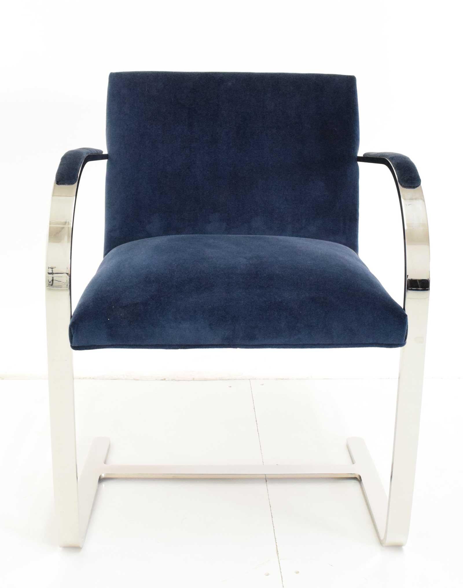Brno chairs designed by Mies van der Rohe. Chairs are upholstered in a blue velvet. They show wonderfully. Chairs are stainless steel and include the padded arms.

Chairs are ready to go.

We prefer to sell in pairs. Only four available.