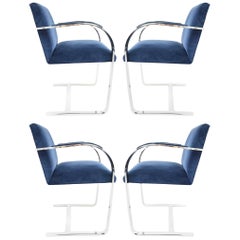 Stainless Steel Flatbar Brno Chairs by Knoll in Blue Velvet