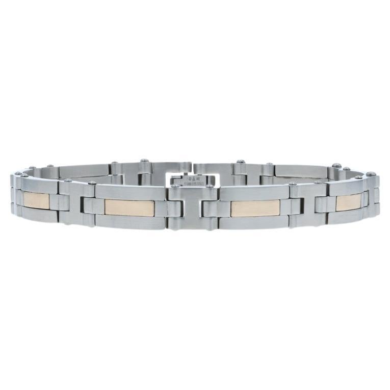 Bracciale da uomo in acciaio inossidabile e oro a maglie 8 1/2" 14k in vendita