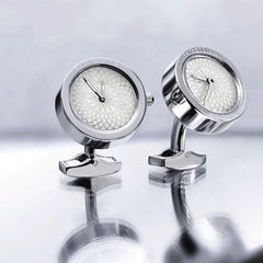 Stainless Steel Guilloche Watch Cufflinks with White Mother of Pearl