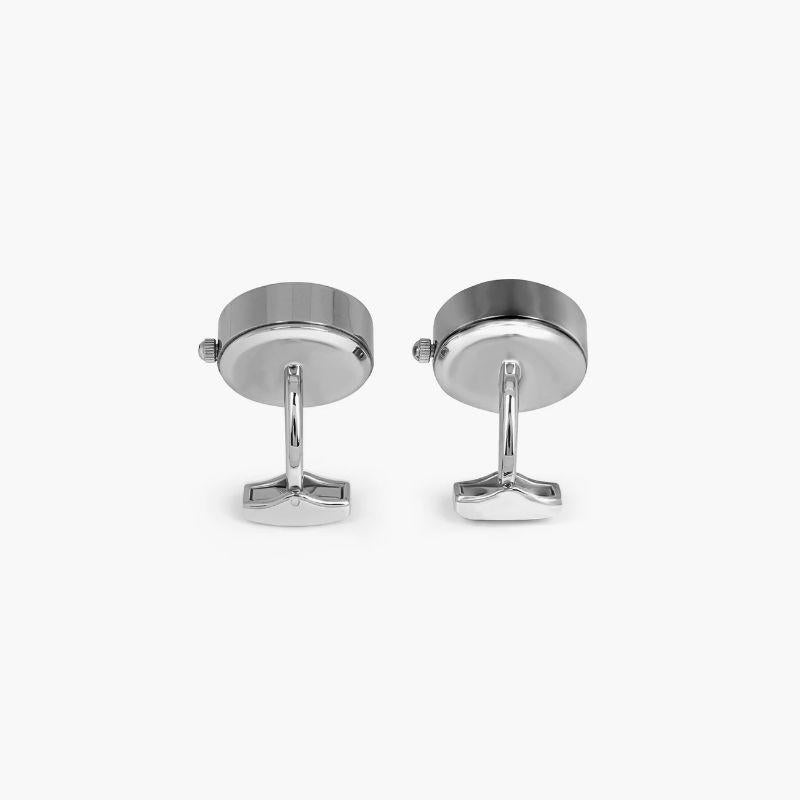 Stainless Steel Guilloche Watch Cufflinks with White Mother of Pearl In New Condition For Sale In Fulham business exchange, London