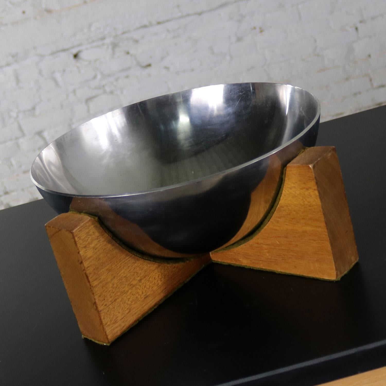 Stainless Steel Half Sphere Centerpiece Bowl on Mahogany Wood Base Midcentury In Good Condition In Topeka, KS