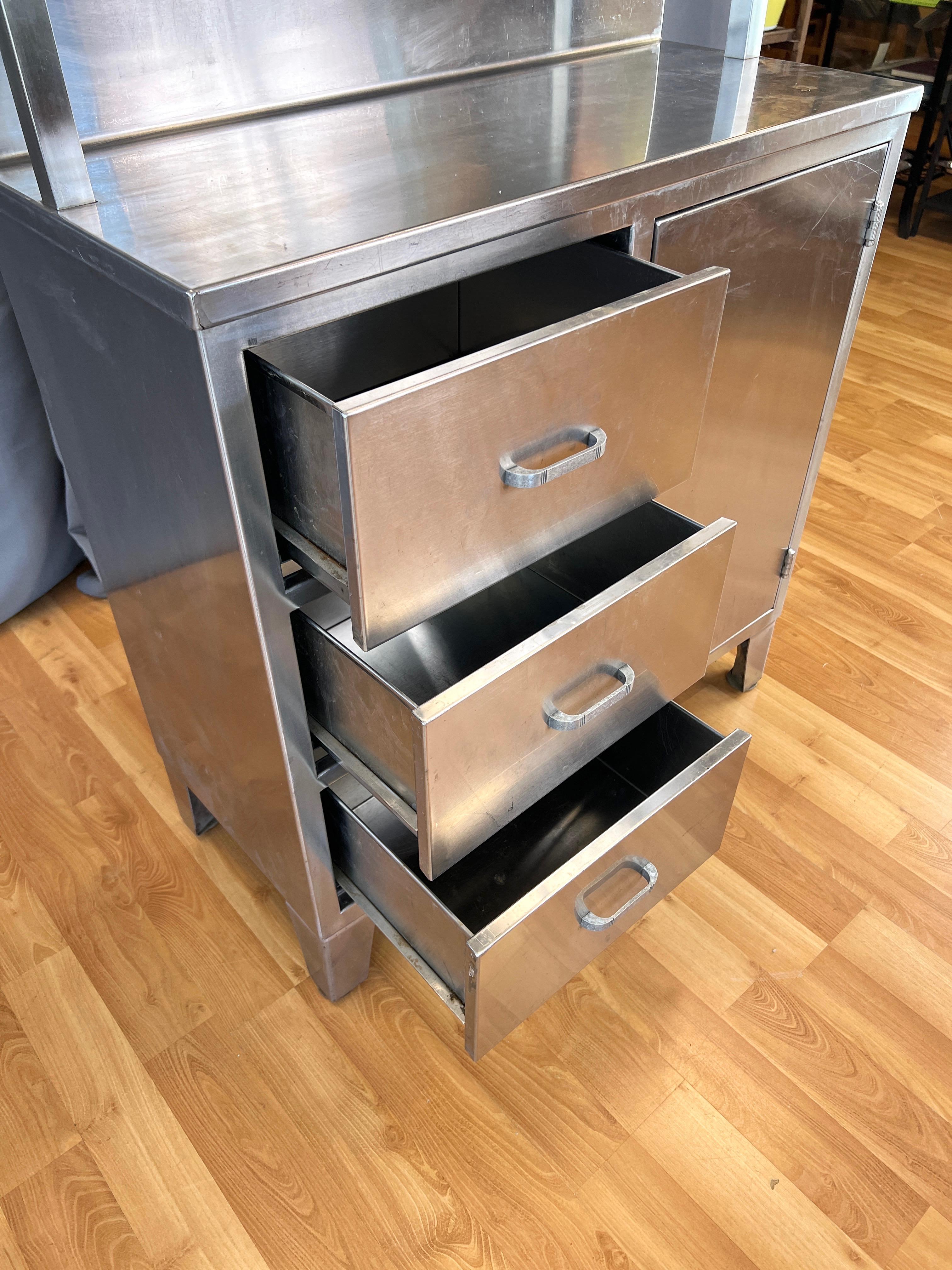 Stainless Steel Hutch with Glass Door Display Cabinet and Drawers, 1950s 6
