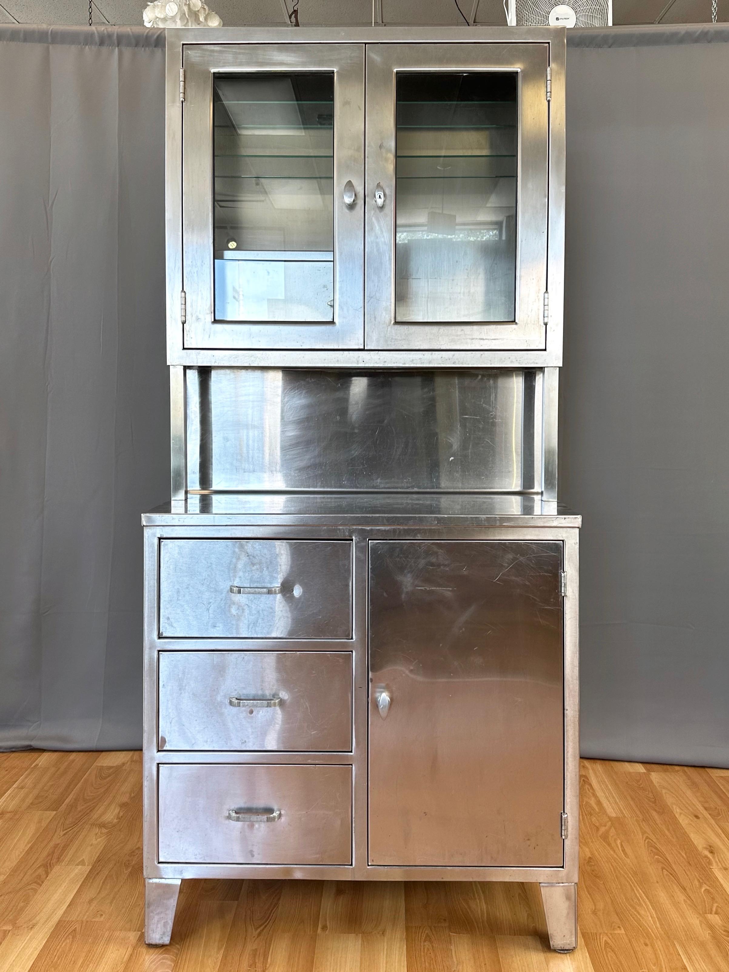 Industrial Stainless Steel Hutch with Glass Door Display Cabinet and Drawers, 1950s