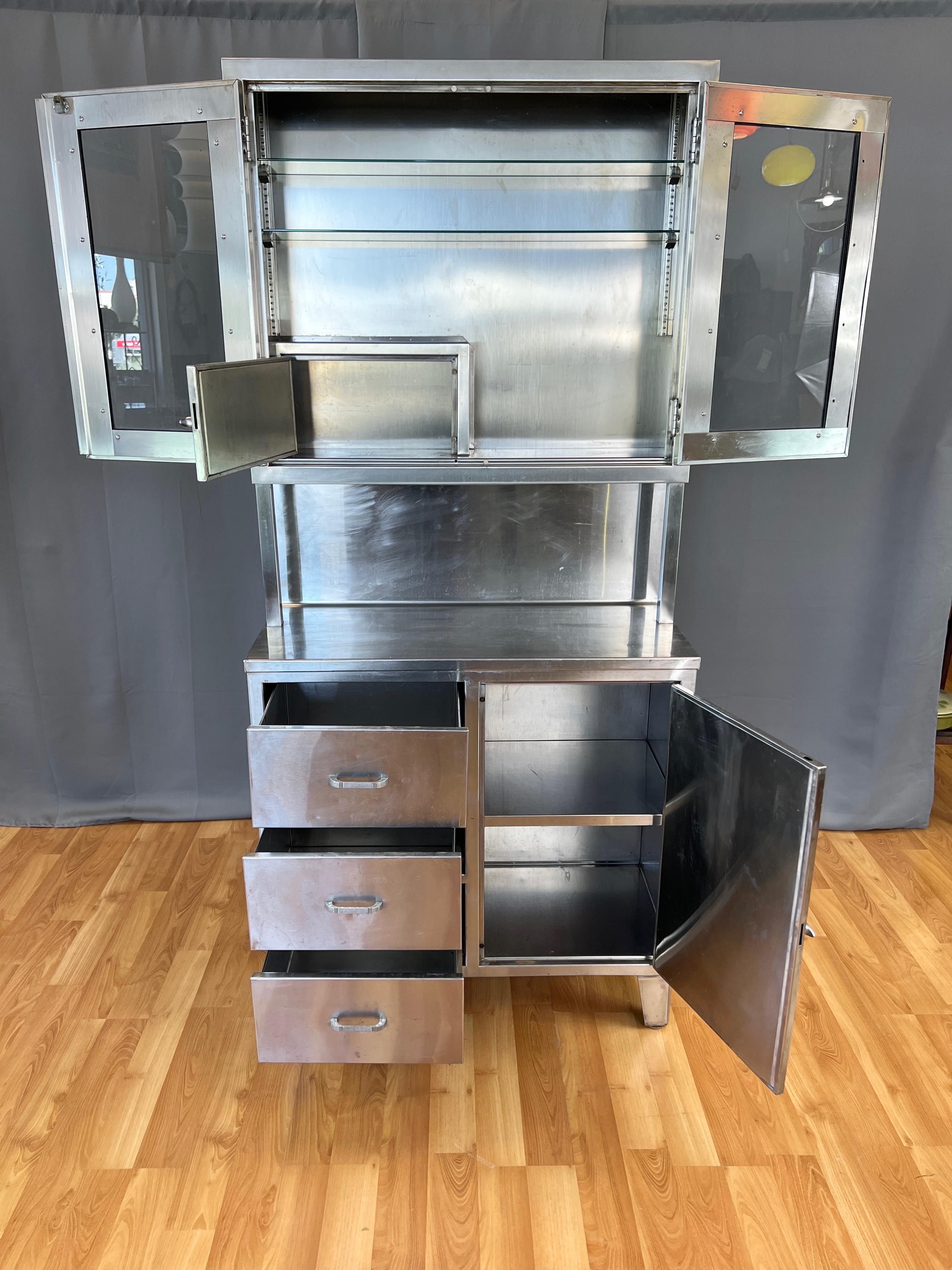 American Stainless Steel Hutch with Glass Door Display Cabinet and Drawers, 1950s