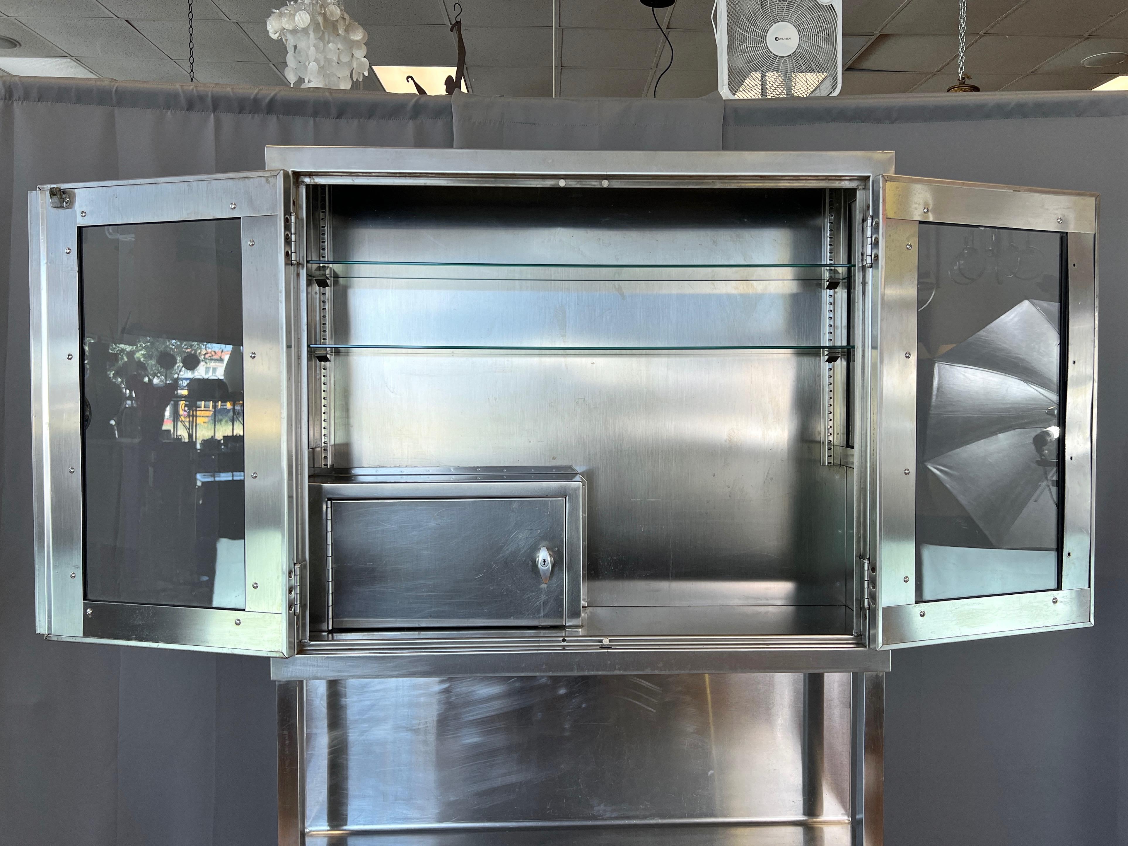 Stainless Steel Hutch with Glass Door Display Cabinet and Drawers, 1950s In Good Condition In San Francisco, CA