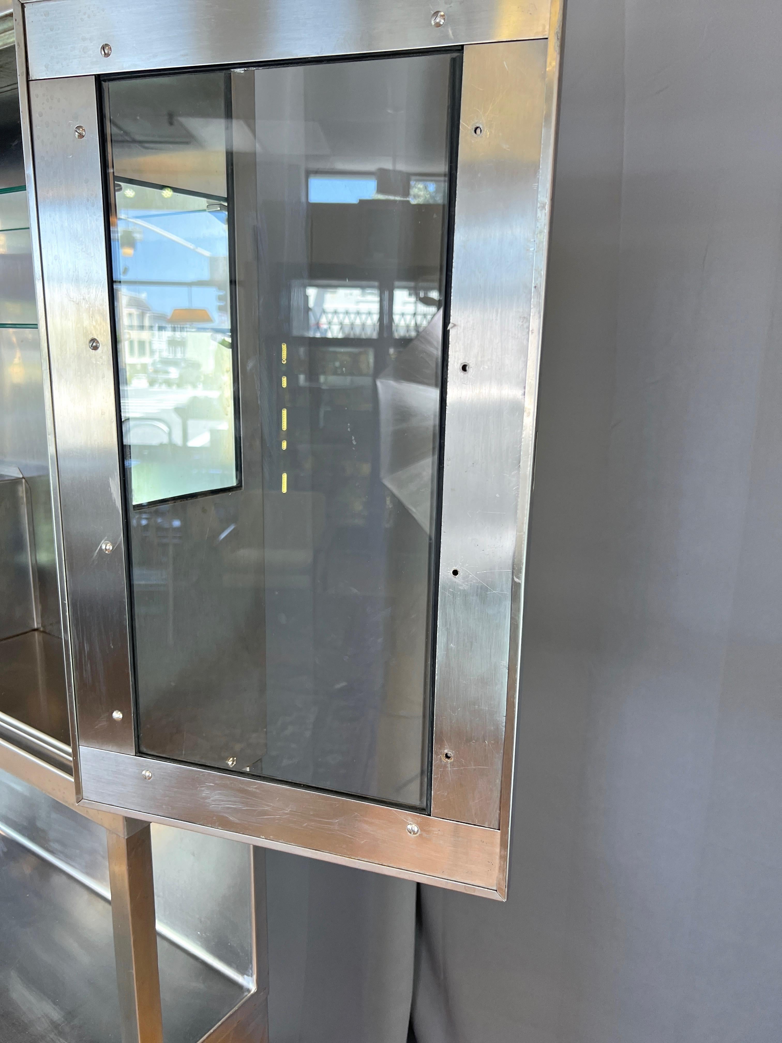 Stainless Steel Hutch with Glass Door Display Cabinet and Drawers, 1950s 1
