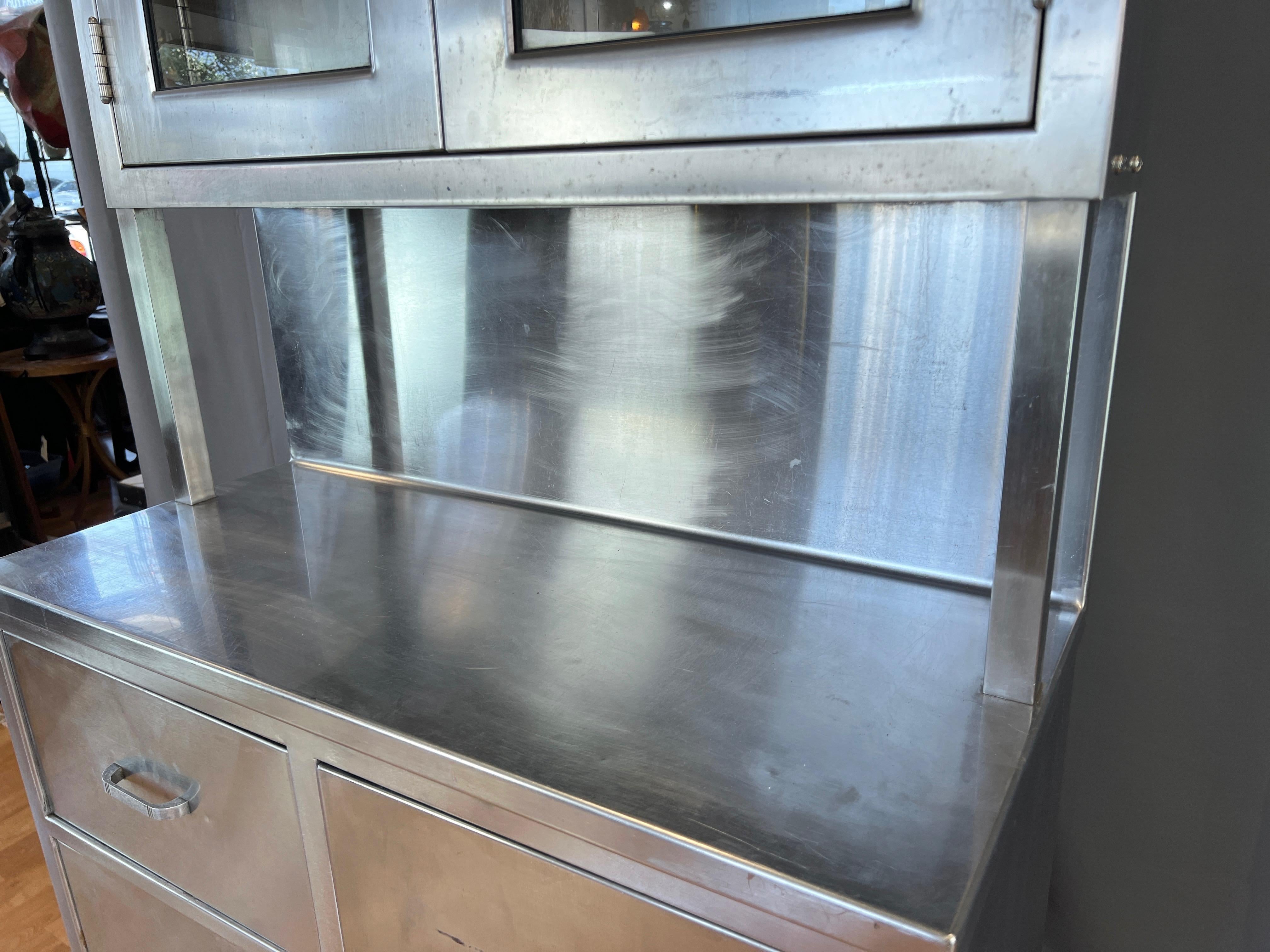 Stainless Steel Hutch with Glass Door Display Cabinet and Drawers, 1950s 3