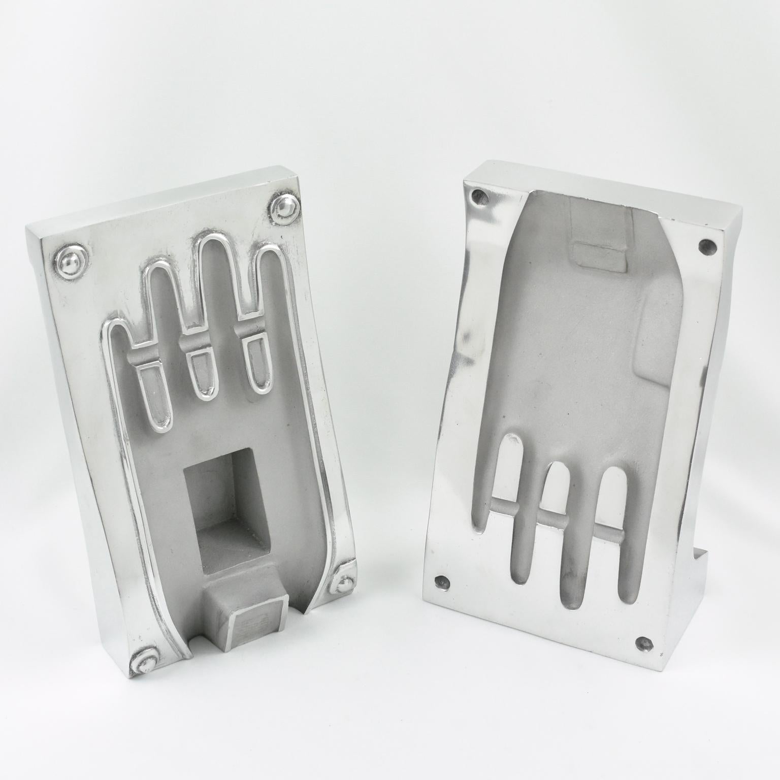 French Stainless Steel Industrial Hand Glove Mold Sculpture Bookends, a pair For Sale