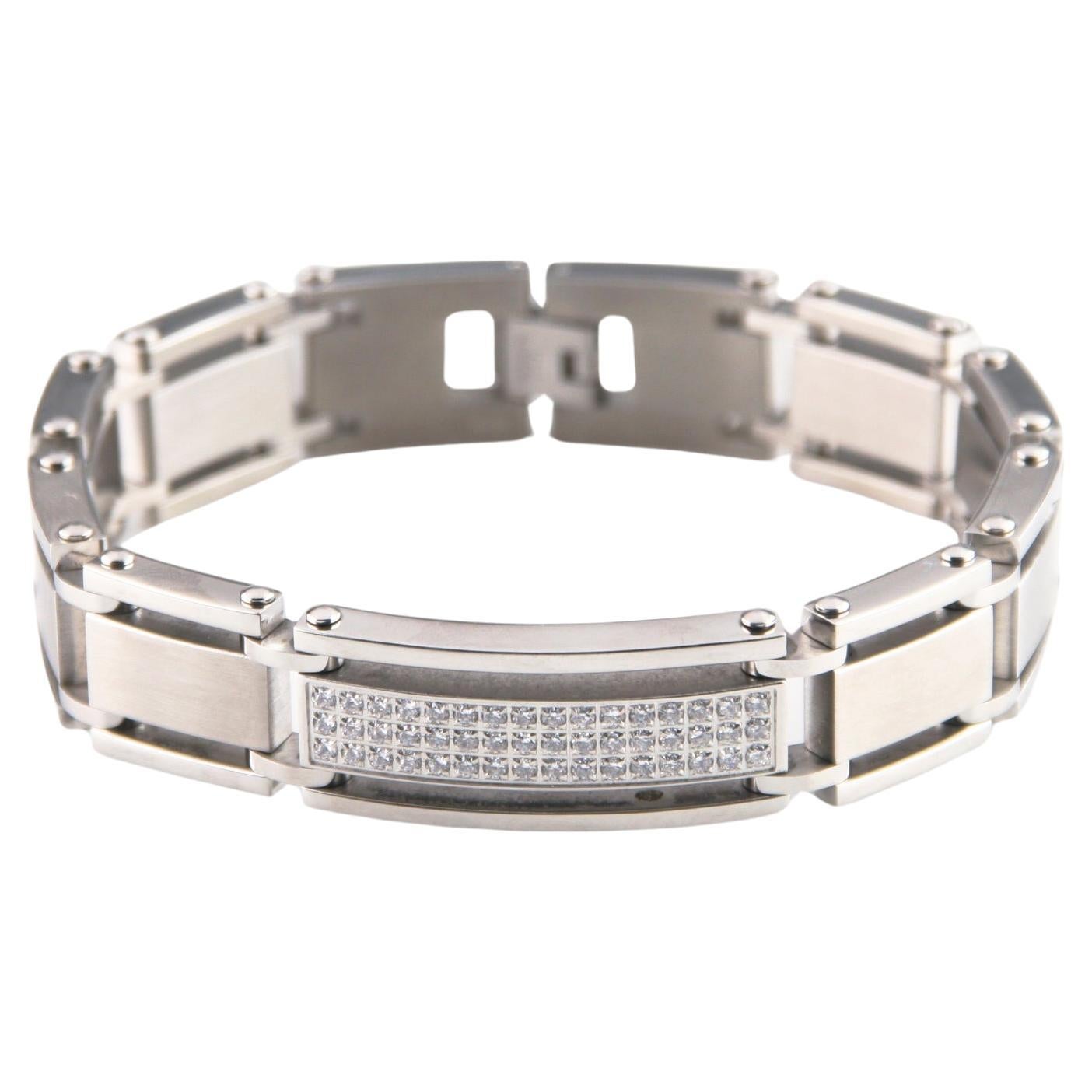 Stainless Steel Link Bracelet with Gorgeous 1.0 Carat Diamond Plaque, Size 8.5 For Sale