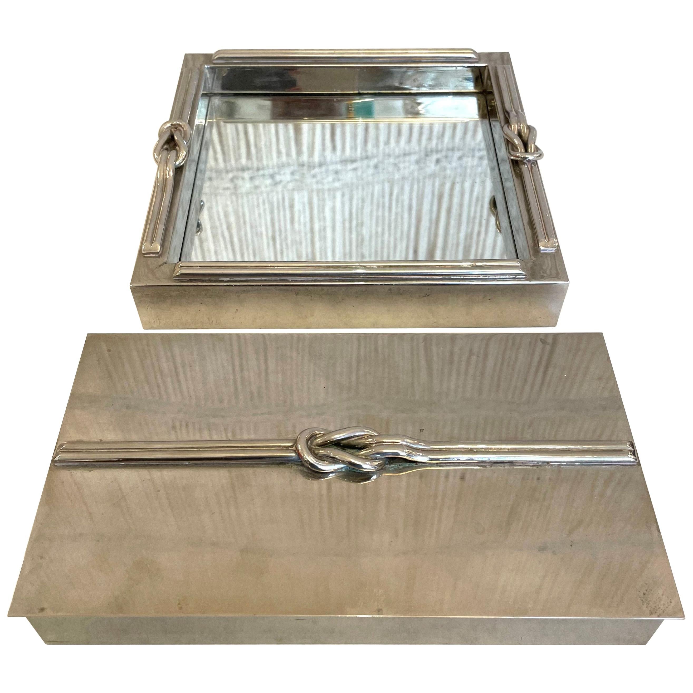 A French Stainless Steel Looped Rope Design Jewelry Box and Tray